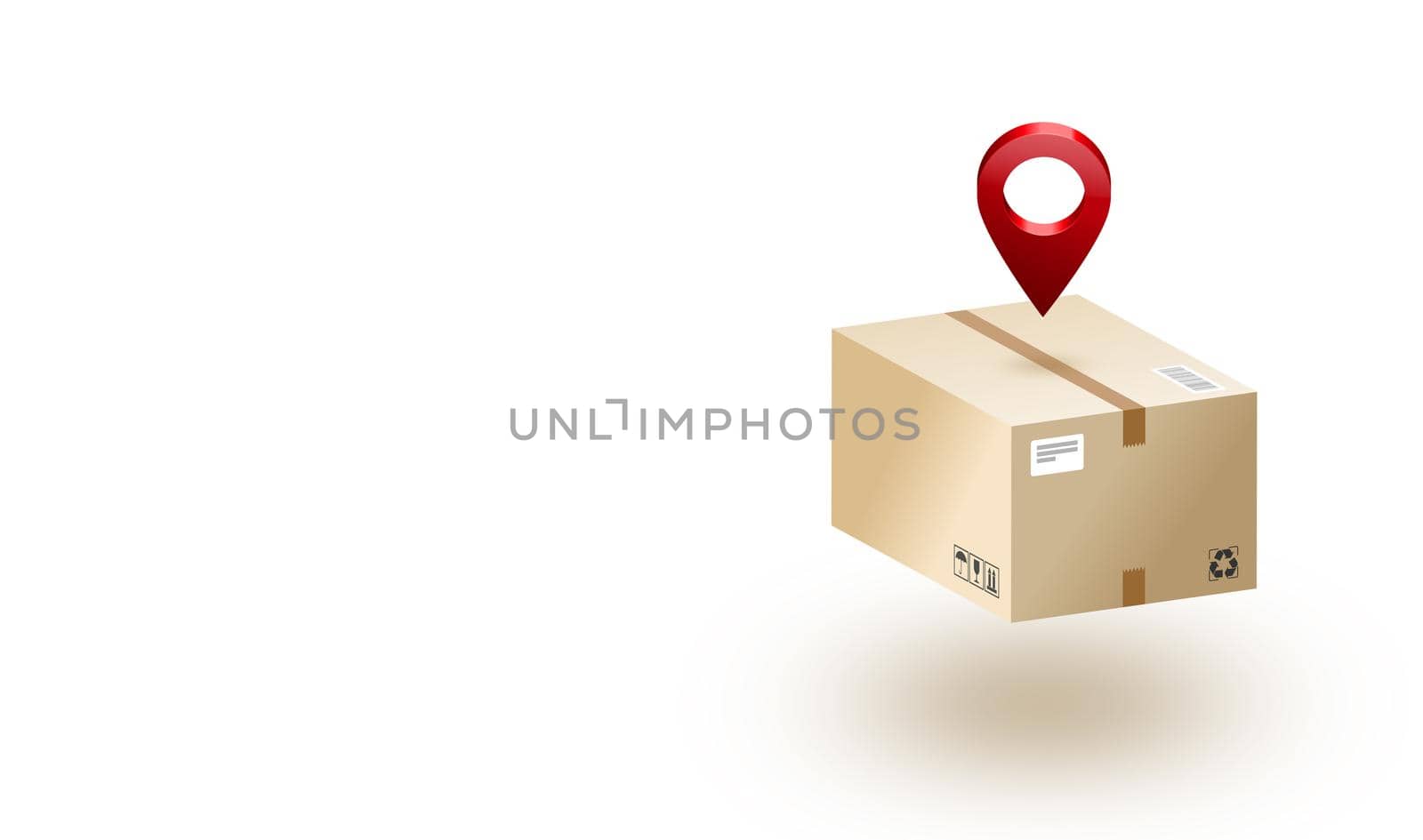 A parcel box and a red position pin isolate white background. illustration.