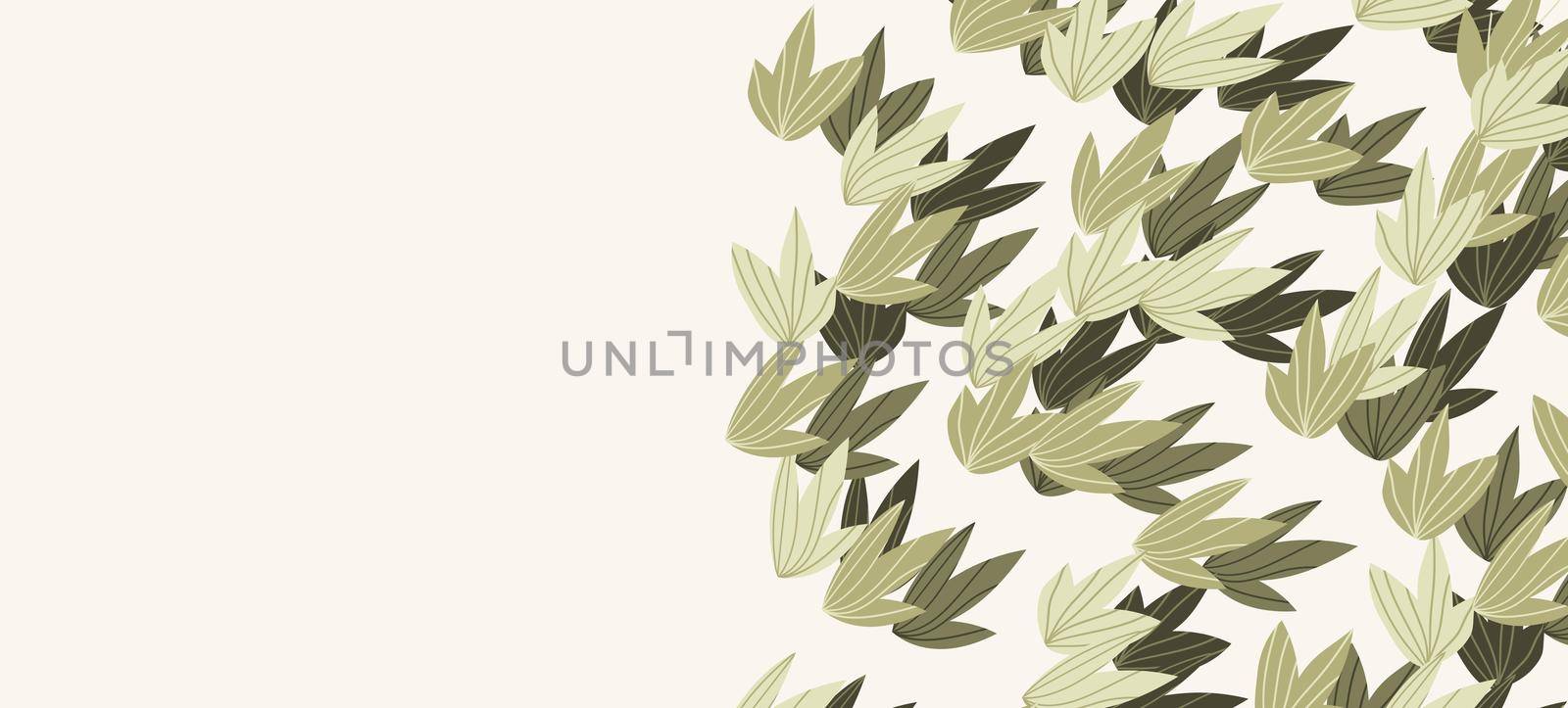 Floral web banner with drawn color exotic leaves. Nature concept design. Modern floral compositions with summer branches. Vector illustration on the theme of ecology, natura, environment.