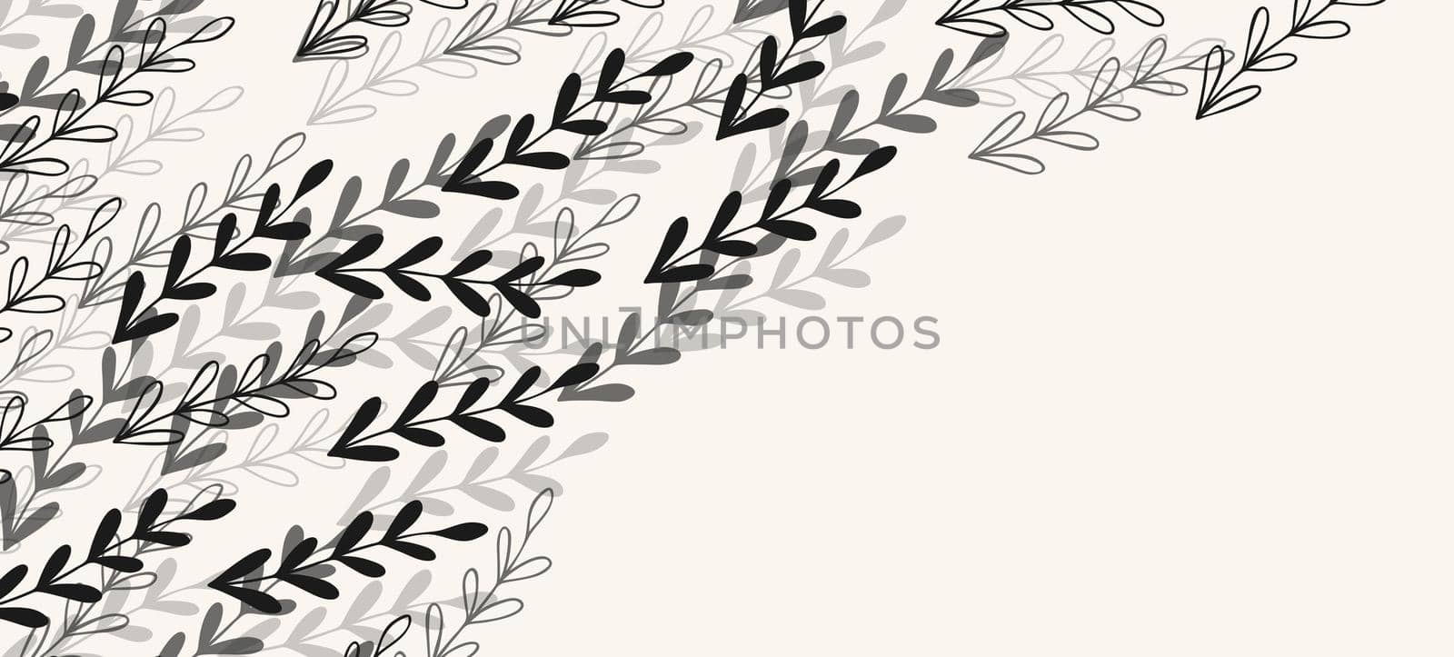 Floral web banner with drawn grey exotic leaves. Nature concept design. Modern floral compositions with summer branches. Vector illustration on the theme of ecology, natura, environment by allaku