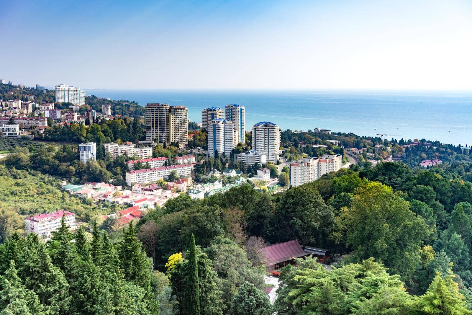 Sochi, Russia.The urban landscape of a tropical resort city in the autumn time of year.