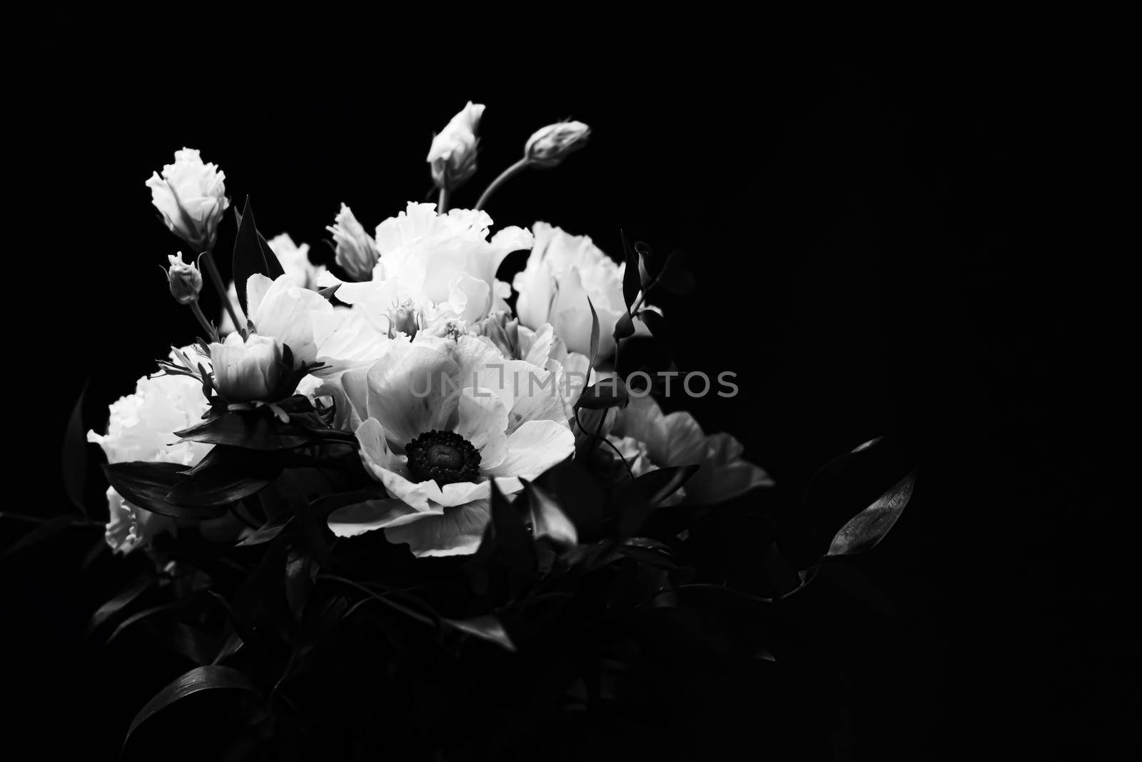 Flower bouquet as beautiful floral arrangement, creative flowers and floristic design, classic black and white monochrome by Anneleven