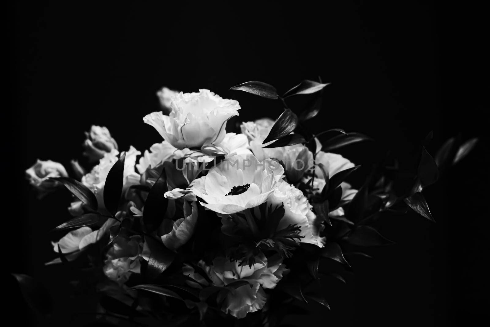 Flower bouquet as beautiful floral arrangement, creative flowers and floristic design, classic black and white monochrome by Anneleven