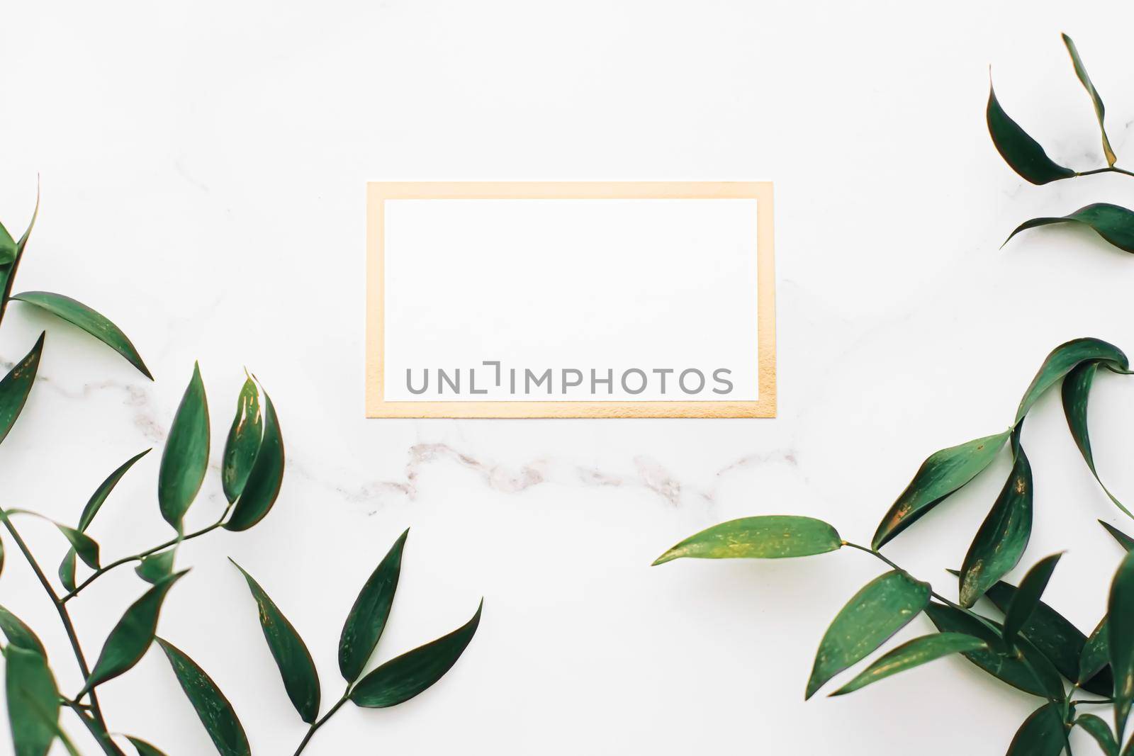 Blank white and gold card, green leaves on white background as botanical frame flatlay, wedding invitation and branding, flat lay design concept