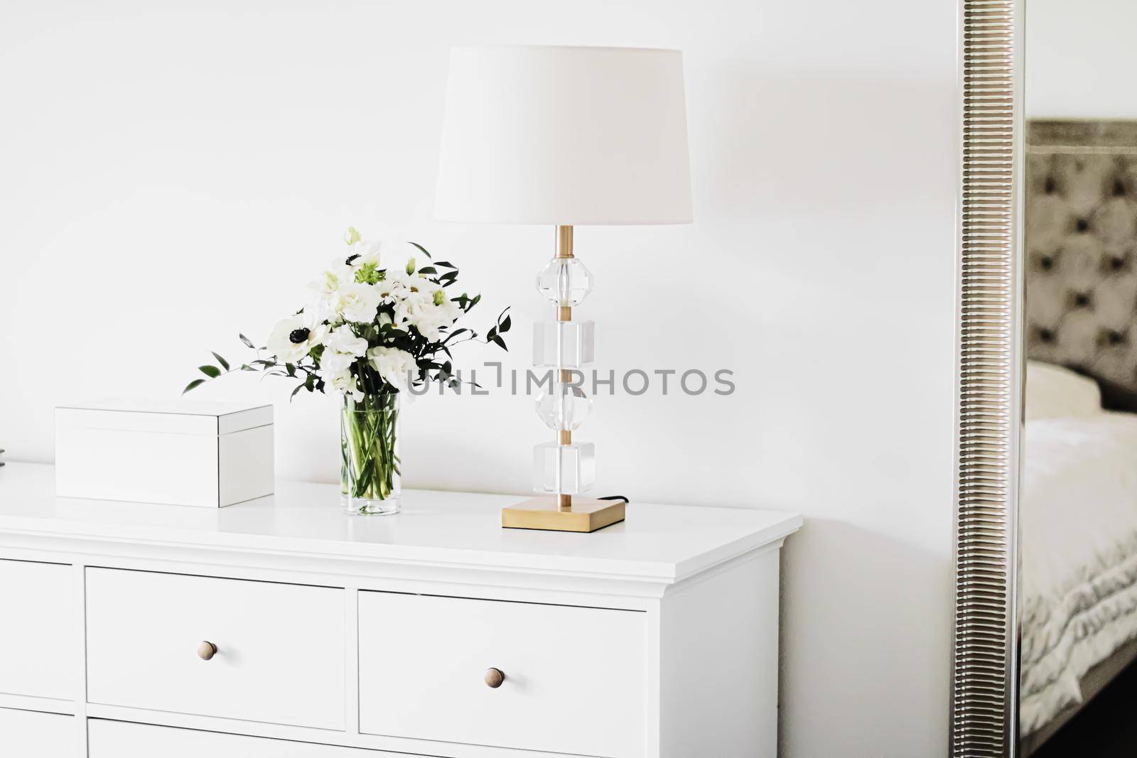 Bouquet of flowers in vase and home decor details, luxury interior design closeup