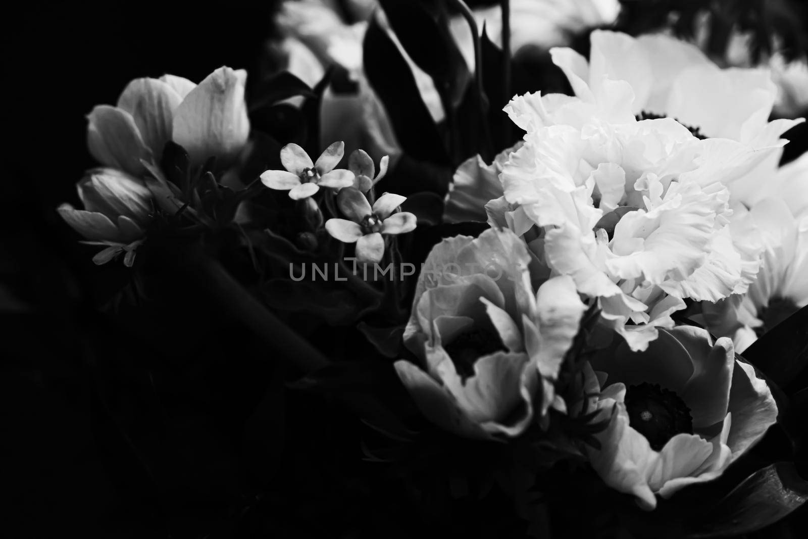 Flower bouquet as beautiful floral arrangement, creative flowers and floristic design, classic black and white monochrome by Anneleven