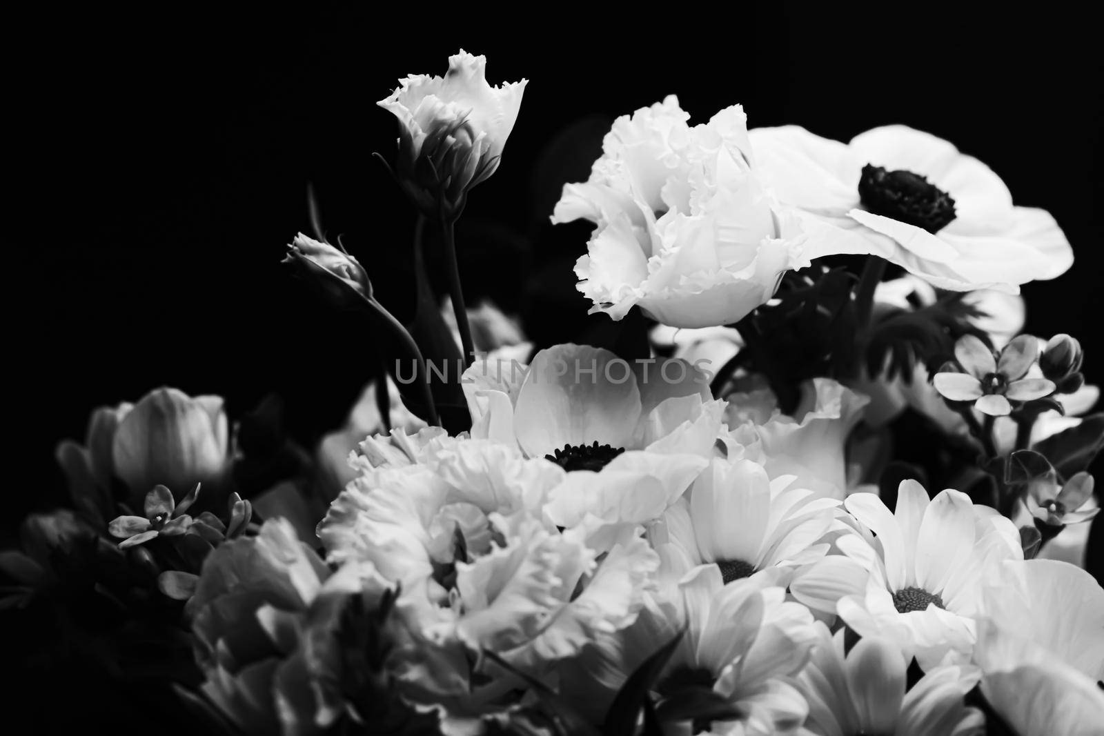 Flower bouquet as beautiful floral arrangement, creative flowers and floristic design, classic black and white monochrome by Anneleven