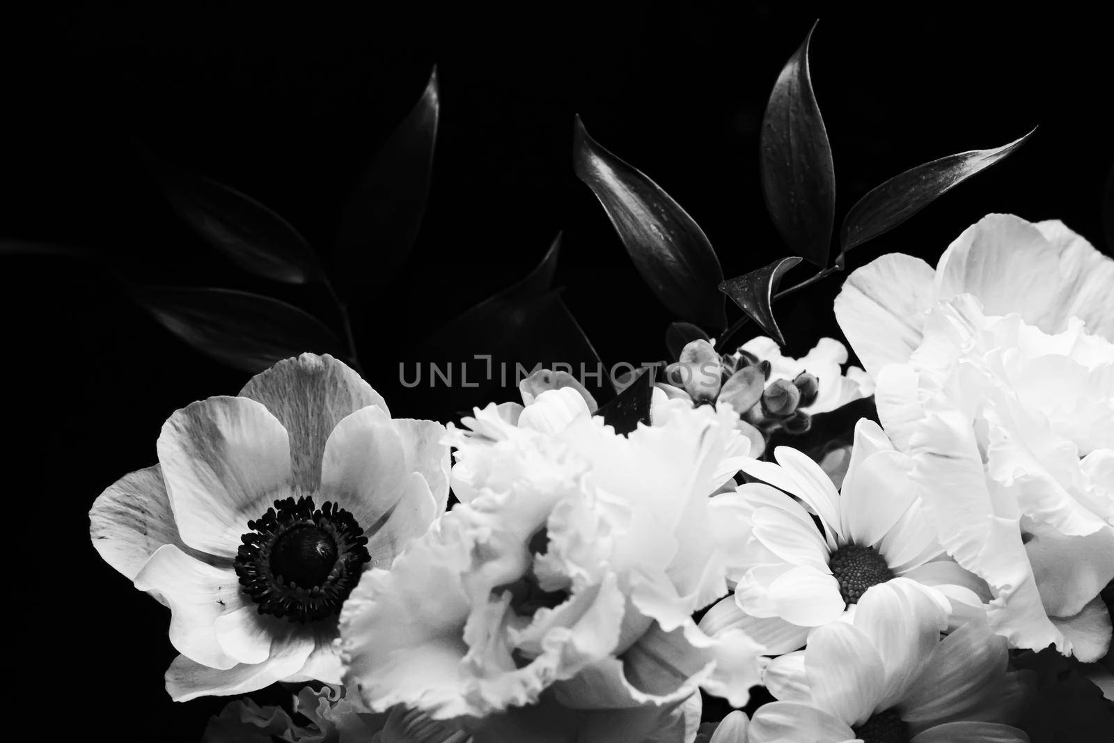 Flower bouquet as beautiful floral arrangement, creative flowers and floristic design, classic black and white monochrome by Anneleven