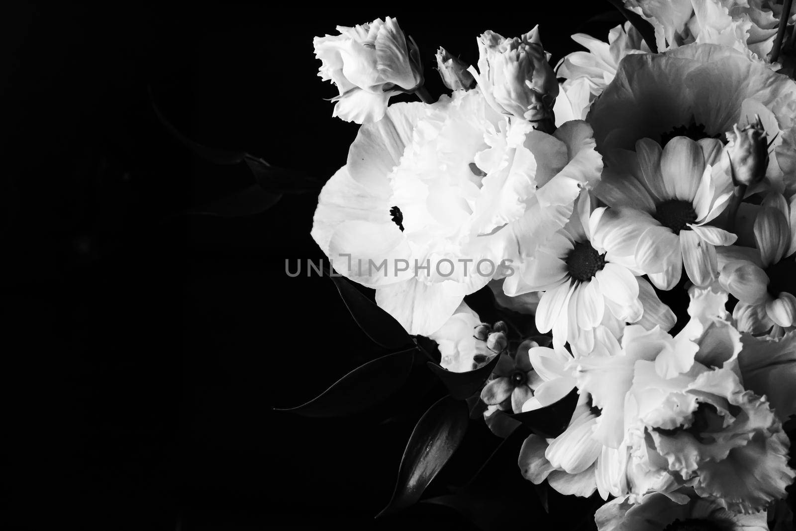 Flower bouquet as beautiful floral arrangement, creative flowers and floristic design, classic black and white monochrome by Anneleven