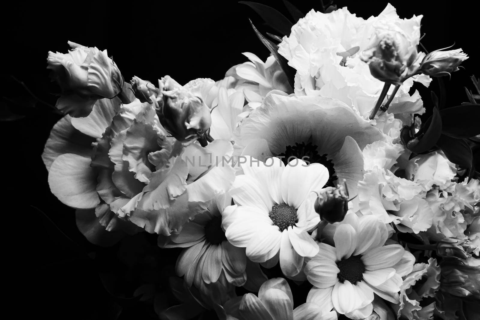 Flower bouquet as beautiful floral arrangement, creative flowers and floristic design, classic black and white monochrome by Anneleven