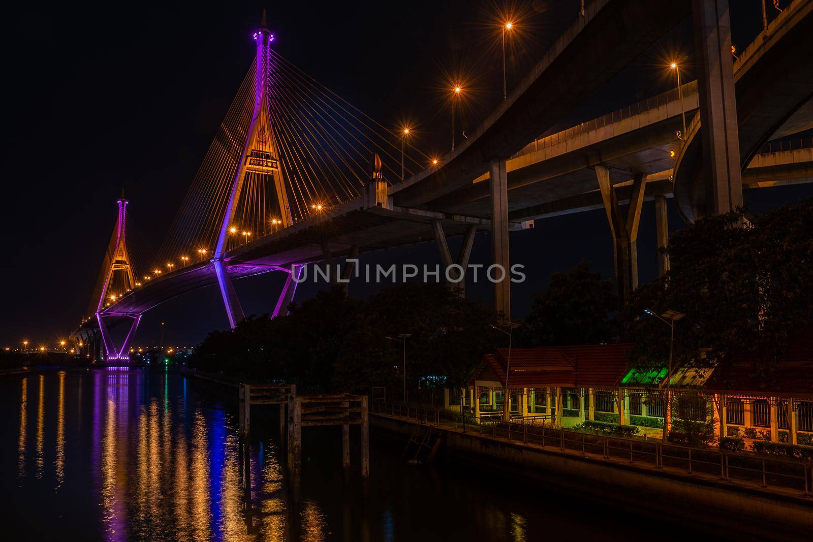 Samutprakan, thailand -  jun, 2019 : Twilight scenes of The Bhumibol Bridge,also known as the Industrial Ring Road Bridge is part of the 13 km . The bridge crosses the Chao Phraya River twice.