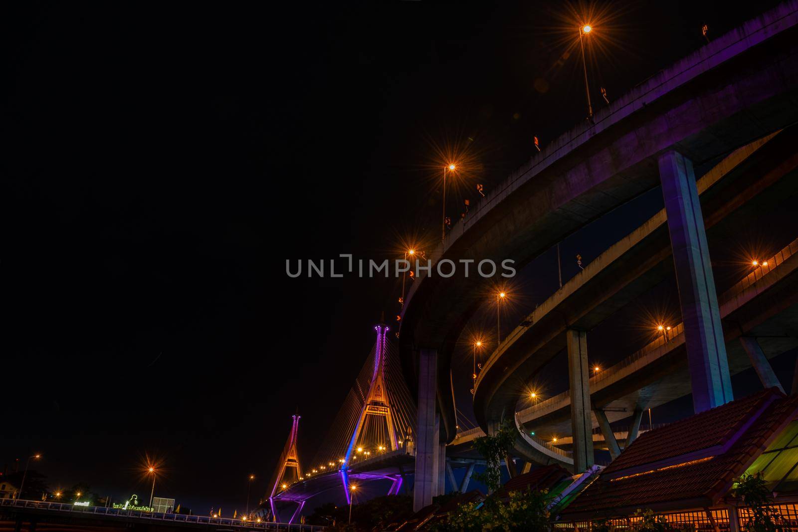 Samutprakan, thailand -  jun, 2019 : Twilight scenes of The Bhumibol Bridge,also known as the Industrial Ring Road Bridge is part of the 13 km . The bridge crosses the Chao Phraya River twice.