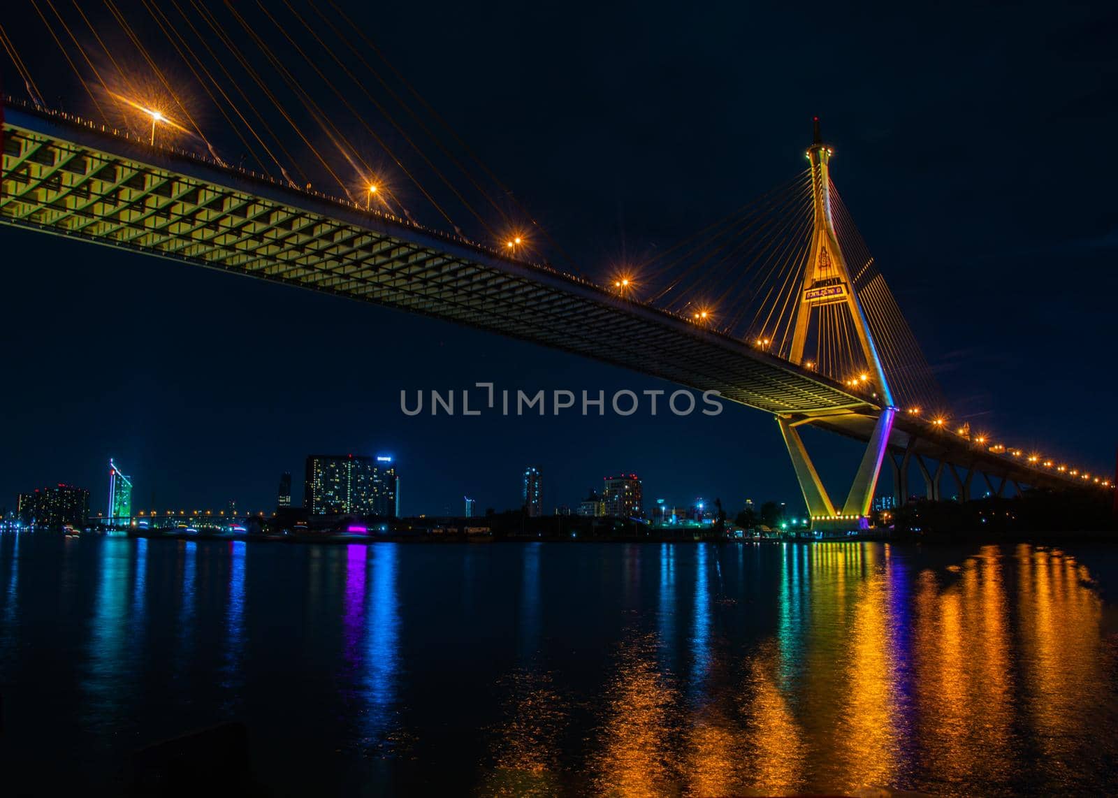Samutprakan, thailand -  jun, 2019 : Twilight scenes of The Bhumibol Bridge,also known as the Industrial Ring Road Bridge is part of the 13 km . The bridge crosses the Chao Phraya River twice.