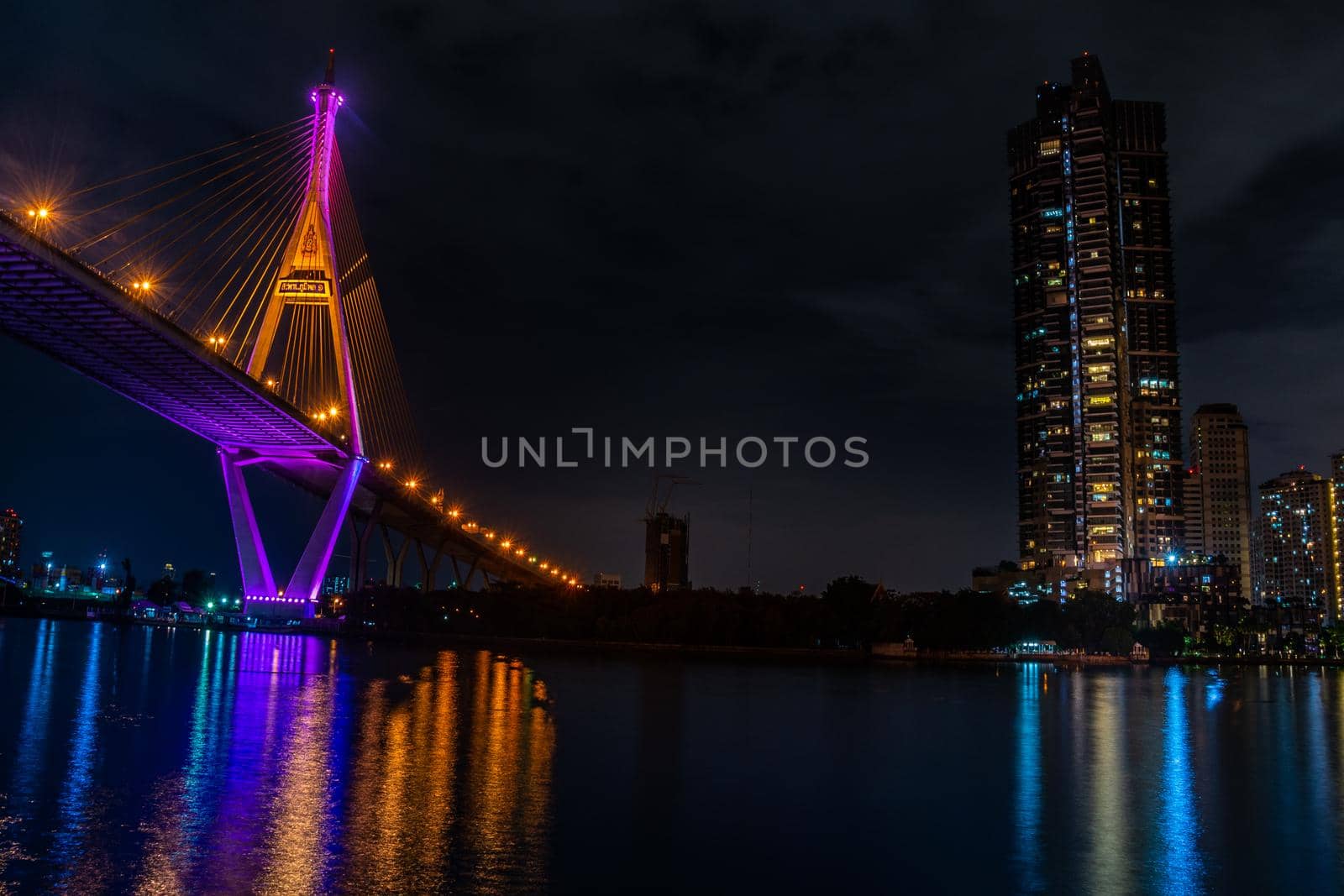 Samutprakan, thailand -  jun, 2019 : Twilight scenes of The Bhumibol Bridge,also known as the Industrial Ring Road Bridge is part of the 13 km . The bridge crosses the Chao Phraya River twice.