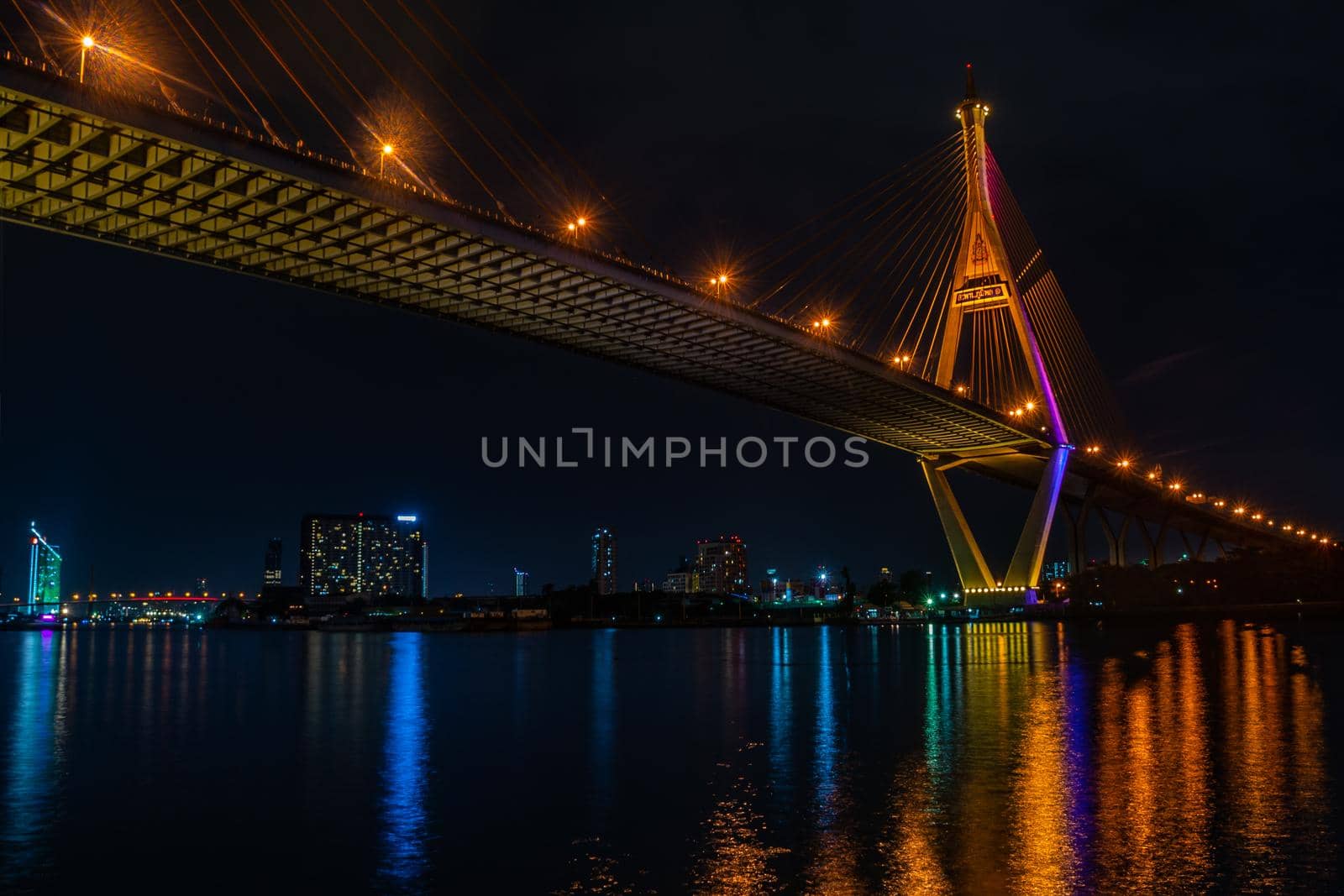 Samutprakan, thailand -  jun, 2019 : Twilight scenes of The Bhumibol Bridge,also known as the Industrial Ring Road Bridge is part of the 13 km . The bridge crosses the Chao Phraya River twice.