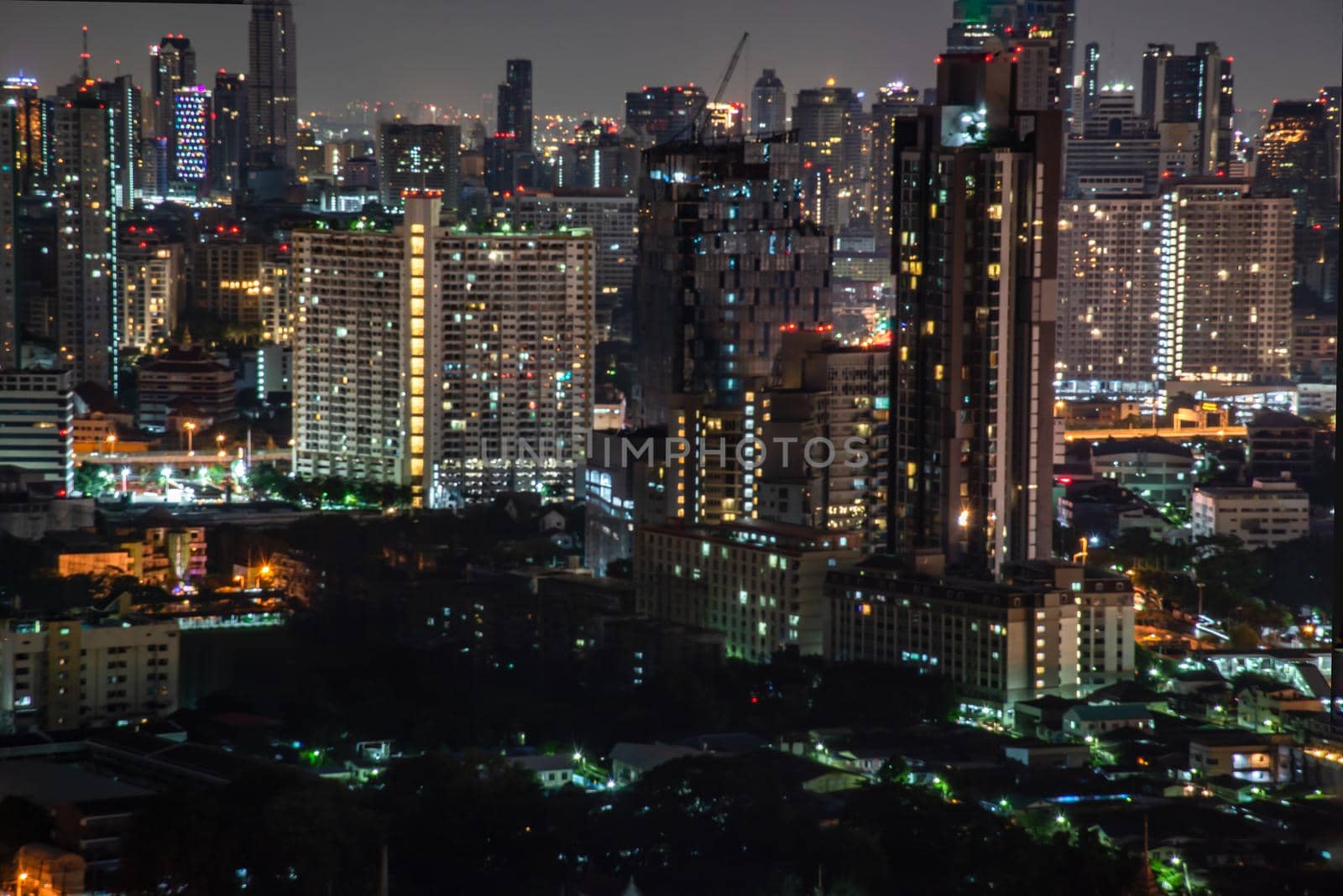 Bangkok, thailand - Oct 18, 2019 : Sky view of Bangkok with skyscrapers in the business district in Bangkok In the night beautiful twilight give the city a modern style.