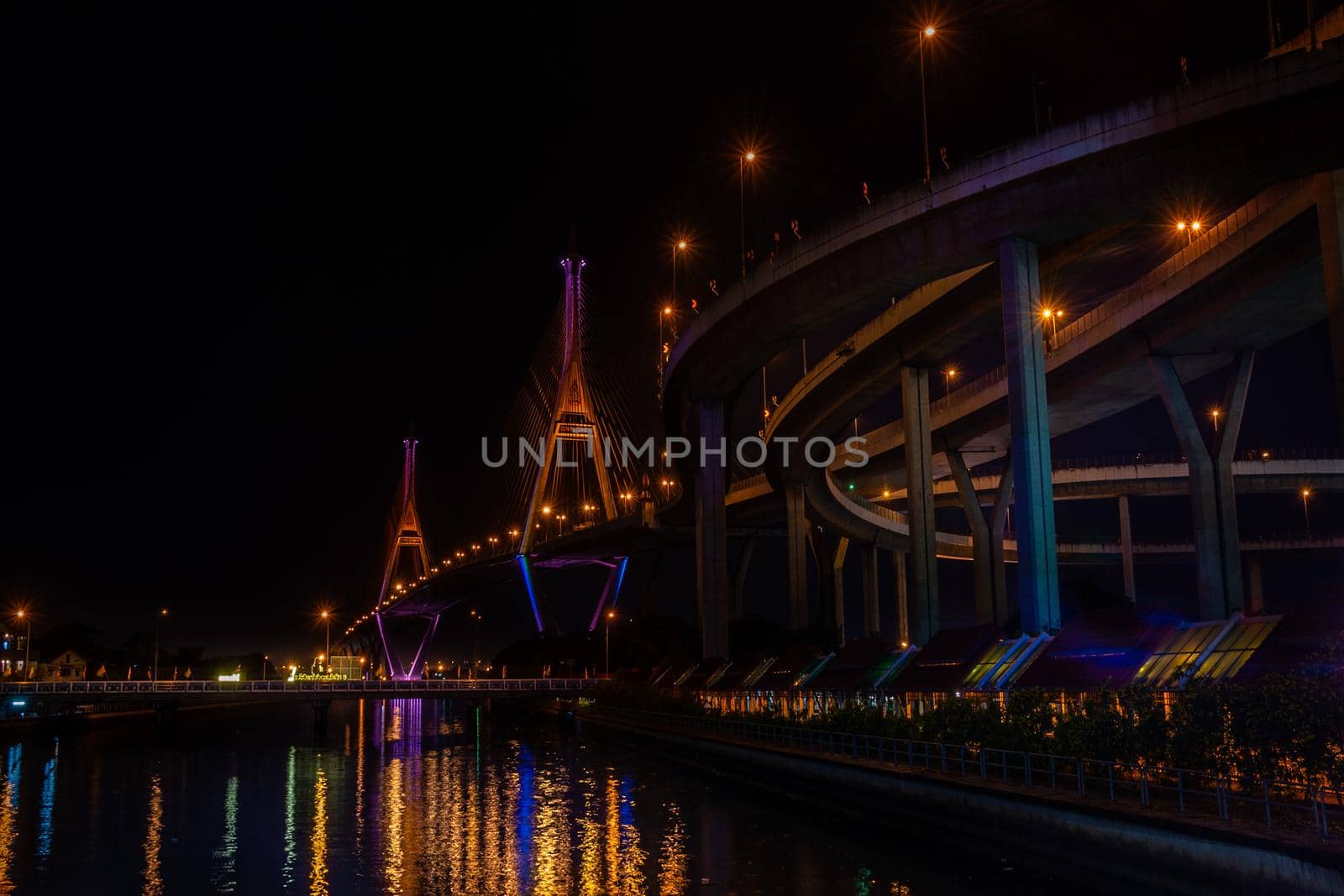 Samutprakan, thailand -  jun, 2019 : Twilight scenes of The Bhumibol Bridge,also known as the Industrial Ring Road Bridge is part of the 13 km . The bridge crosses the Chao Phraya River twice.