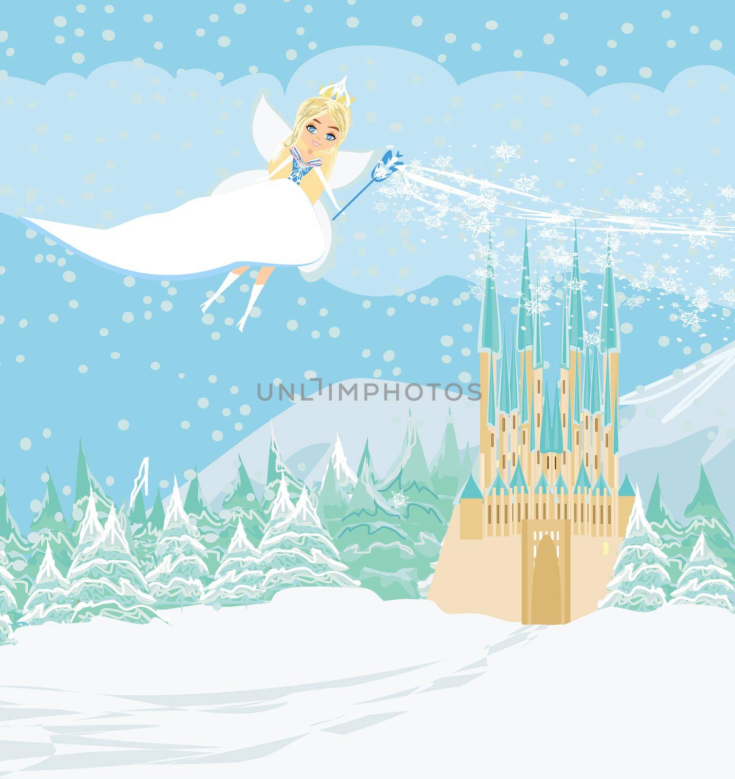 beautiful Little Winter fairy flies over the castle