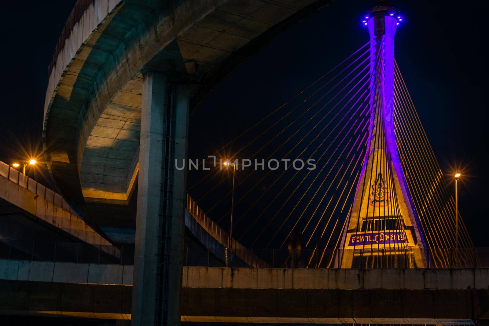 Samutprakan, thailand -  jun, 2019 : Twilight scenes of The Bhumibol Bridge,also known as the Industrial Ring Road Bridge is part of the 13 km . The bridge crosses the Chao Phraya River twice.