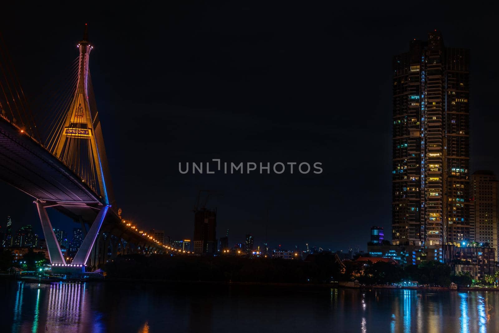Samutprakan, thailand -  jun, 2019 : Twilight scenes of The Bhumibol Bridge,also known as the Industrial Ring Road Bridge is part of the 13 km . The bridge crosses the Chao Phraya River twice.
