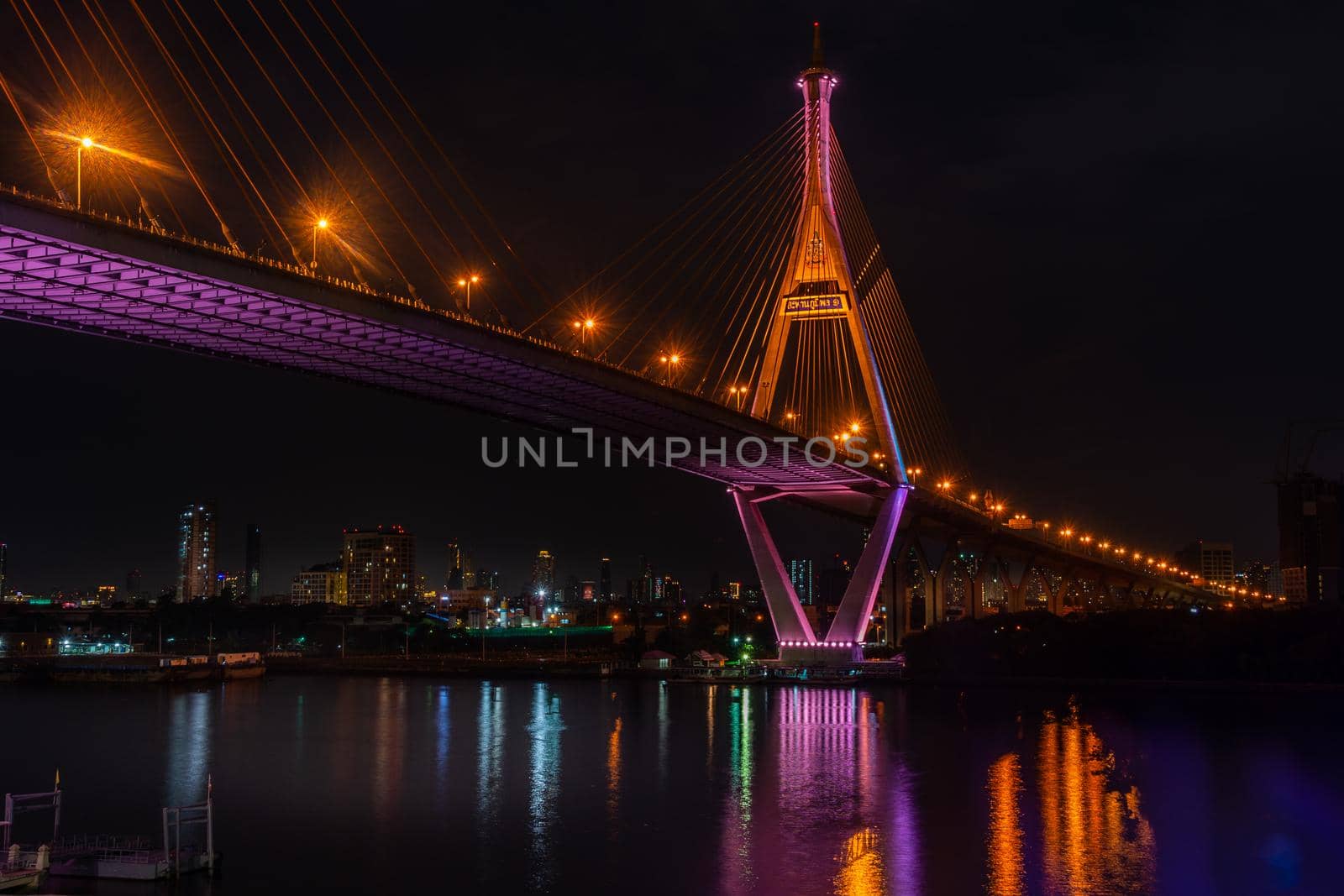 Samutprakan, thailand -  jun, 2019 : Twilight scenes of The Bhumibol Bridge,also known as the Industrial Ring Road Bridge is part of the 13 km . The bridge crosses the Chao Phraya River twice.
