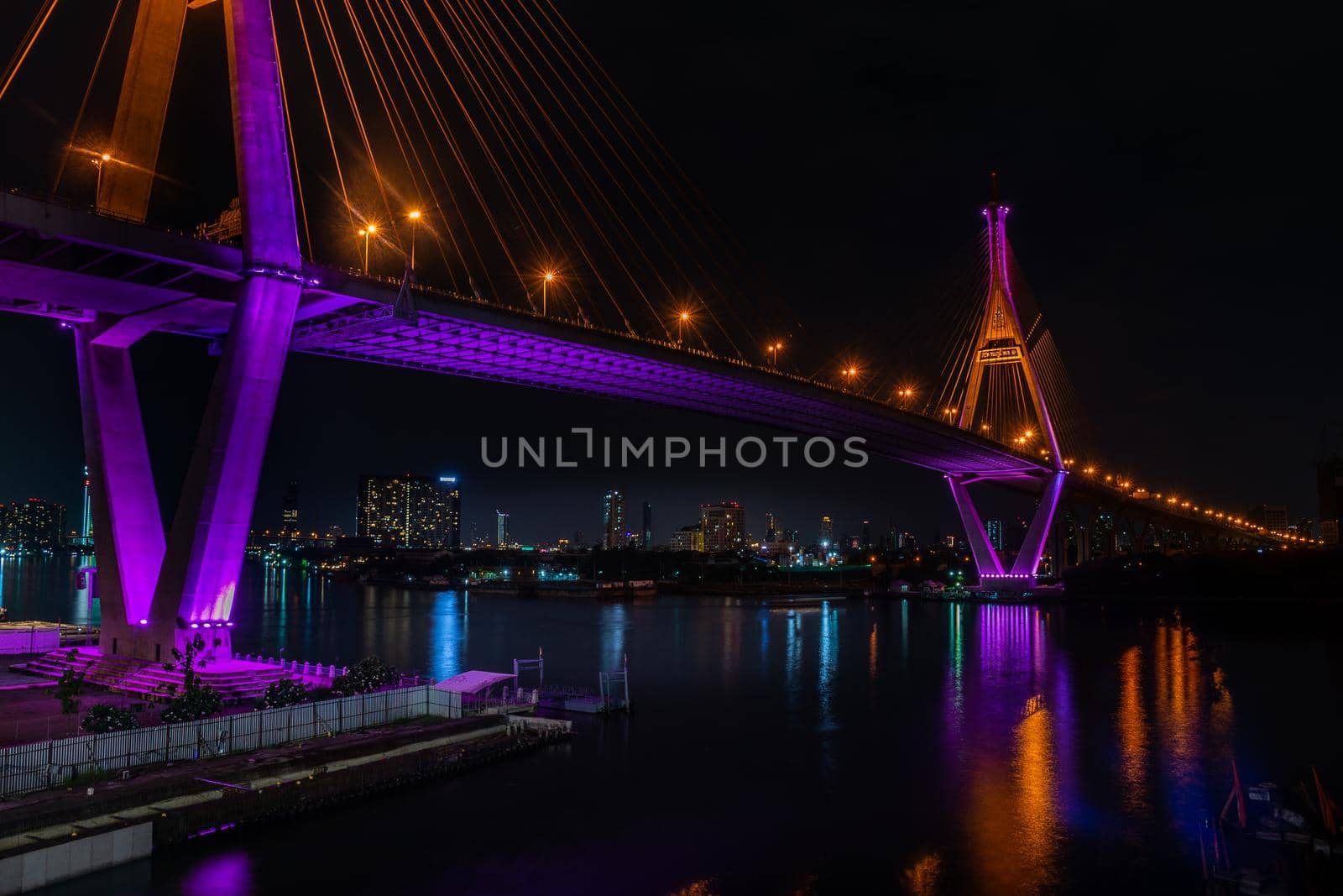 Samutprakan, thailand -  jun, 2019 : Twilight scenes of The Bhumibol Bridge,also known as the Industrial Ring Road Bridge is part of the 13 km . The bridge crosses the Chao Phraya River twice.