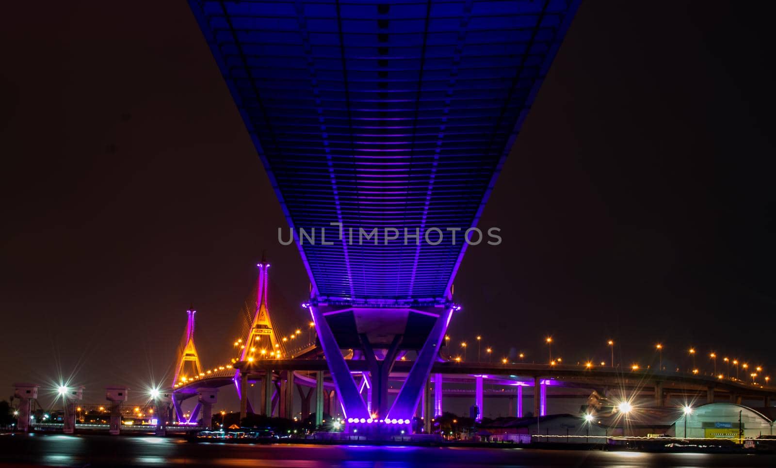 Bangkok, thailand -27 Oct, 2019 : Twilight scenes of The Bhumibol Bridge,also known as the Industrial Ring Road Bridge is part of the 13 km . The bridge crosses the Chao Phraya River twice.