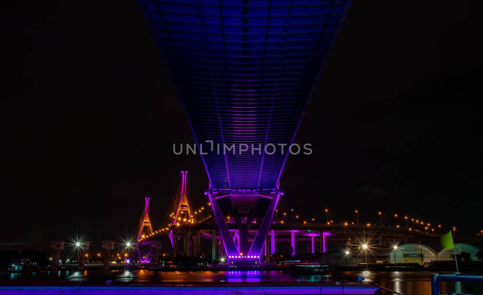 Bangkok, thailand -27 Oct, 2019 : Twilight scenes of The Bhumibol Bridge,also known as the Industrial Ring Road Bridge is part of the 13 km . The bridge crosses the Chao Phraya River twice.