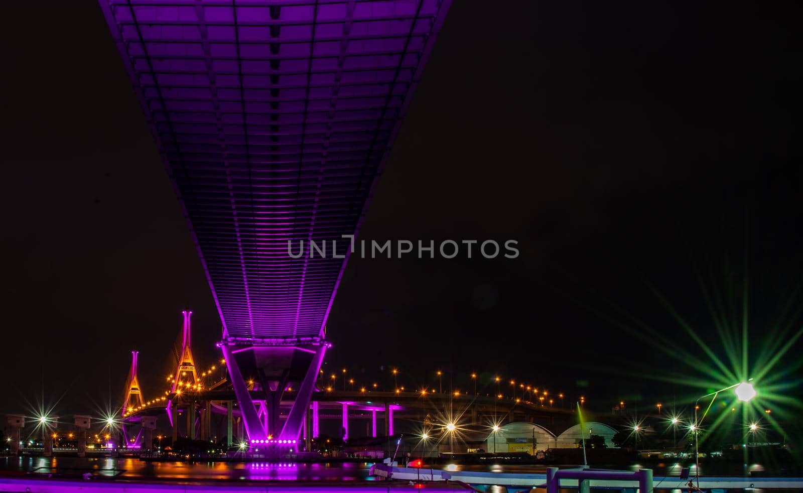 Bangkok, thailand -27 Oct, 2019 : Twilight scenes of The Bhumibol Bridge,also known as the Industrial Ring Road Bridge is part of the 13 km . The bridge crosses the Chao Phraya River twice.