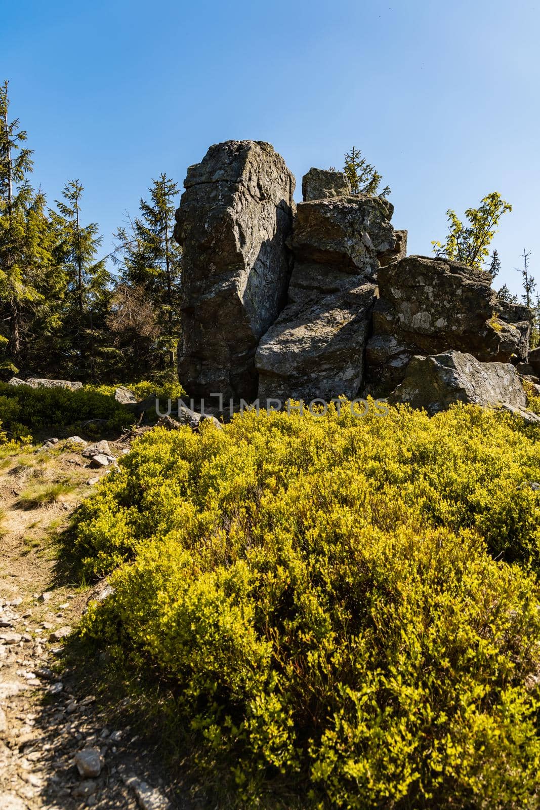 Giant rocks next to mountain trail in Jizera mountains by Wierzchu