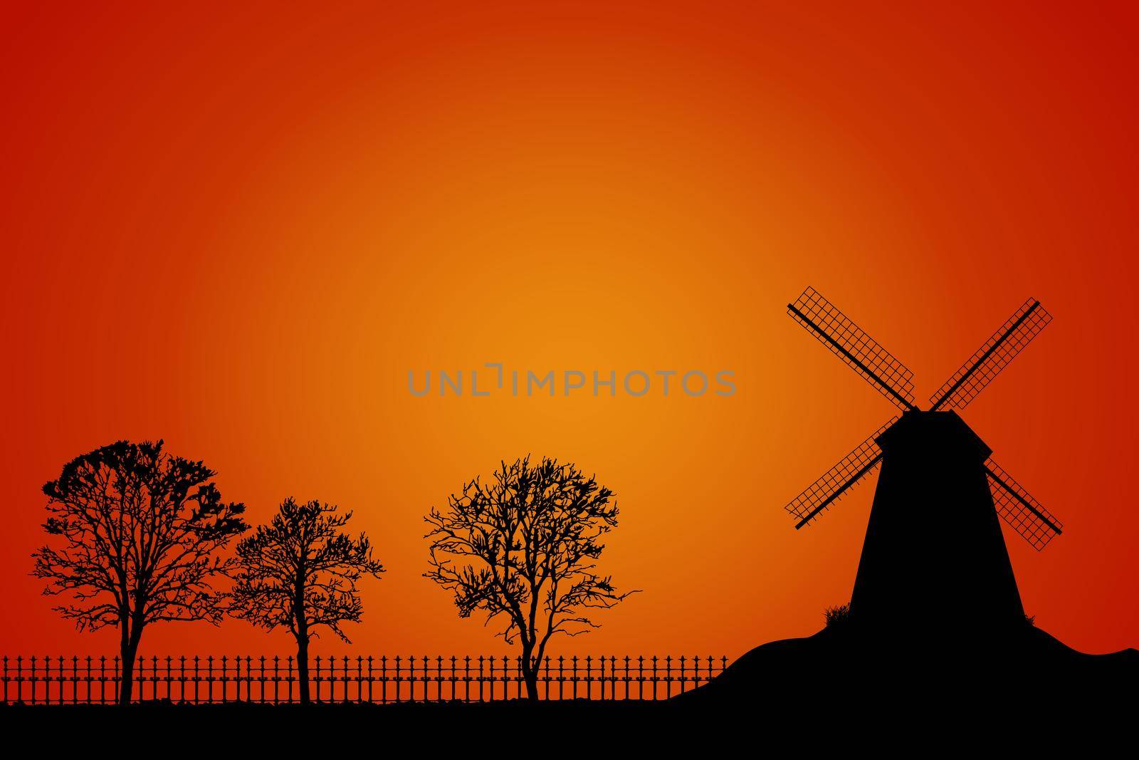 Landscape with windmill, trees and fence silhouette on orange sky background. Dutch rural scenery with wind mill at sunset. Stock vector illustration
