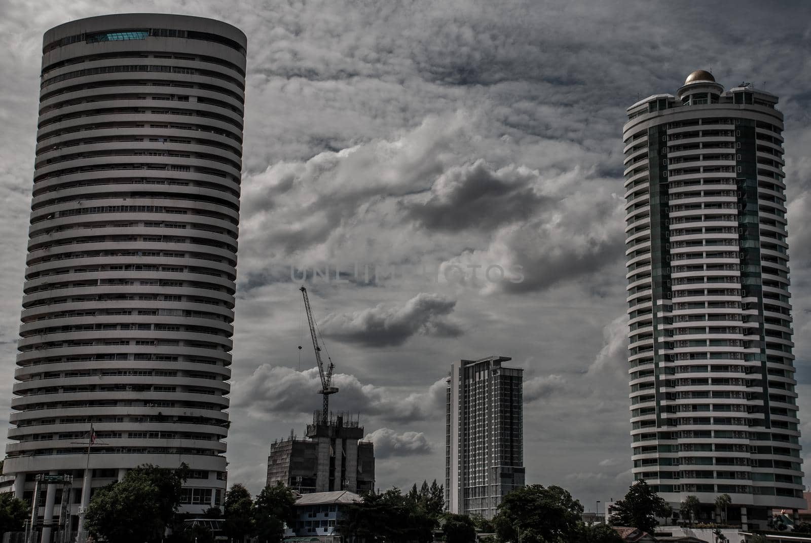 Bangkok, Thailand - 21 Jul 2019 : Bangkok skyscrapers along the Chao phraya make it a beautiful city.