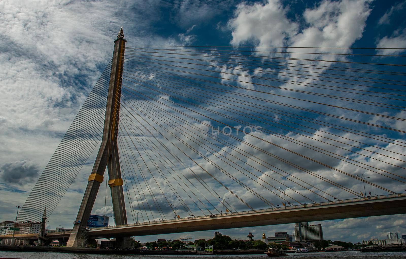 Bangkok, thailand 21 Jul, 2019 : Rama Rama VIII bridge, Rope Bridge across the Chao Phraya River, A tall V-shape pylon tower with view blue sky is background and Cityscape of Bangkok.