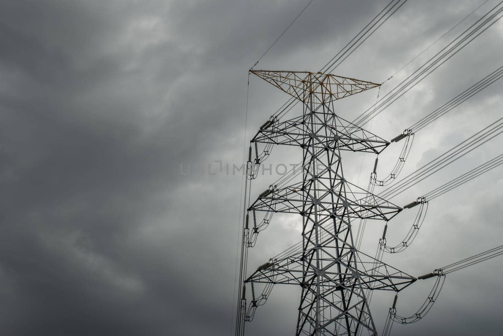 Power lines, High voltage post, High-voltage tower sky with cloud before the rain. copy space.