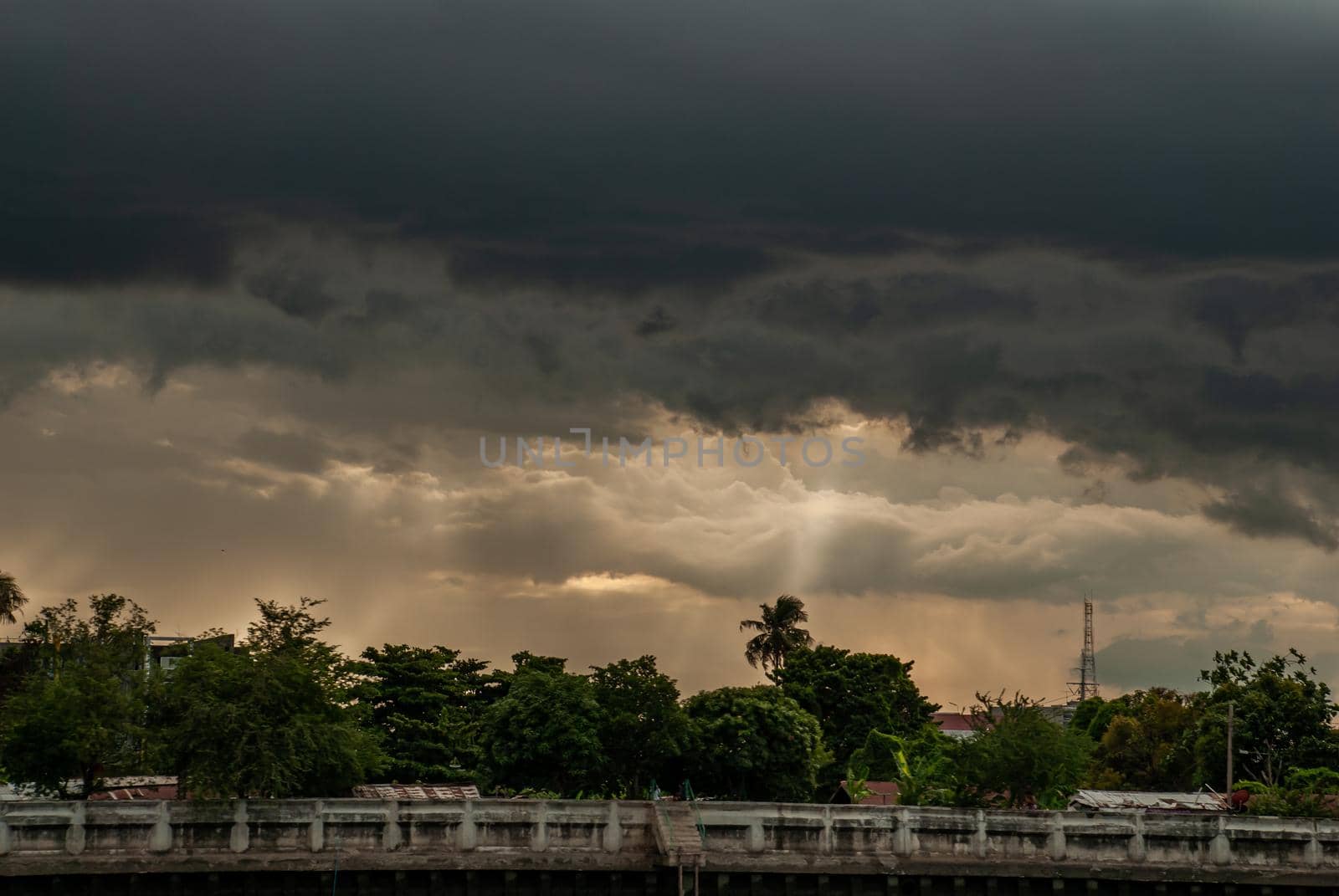Bangkok, Thailand - 21 Jul 2019 : A view of the Chao Phraya River showing the several wooden local houses in the evening along the Chao Phraya riverside.