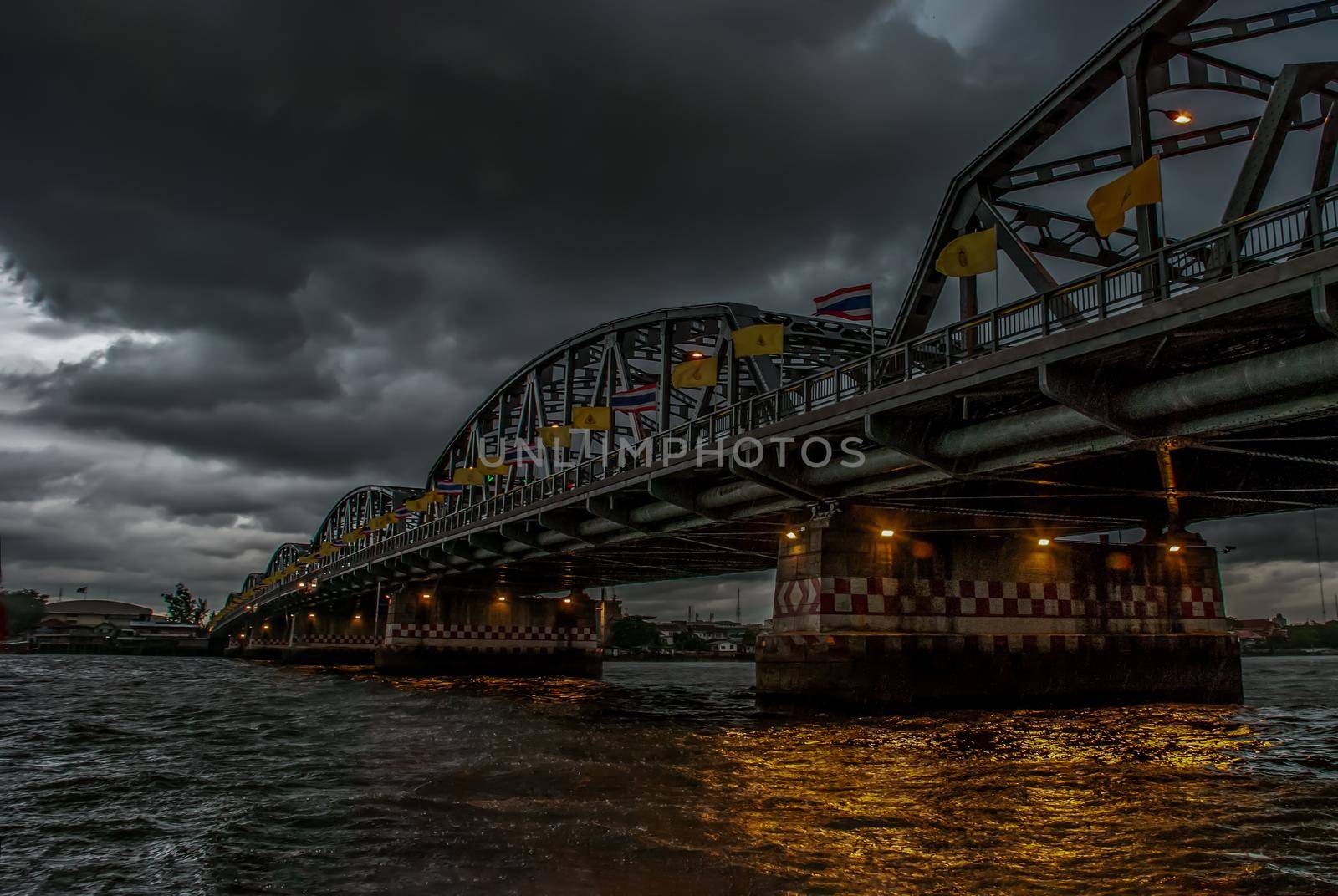 Bangkok, thailand 21 Jul, 2019 : A great scenery evening view of the Phra Phuttha Yodfa Bridge (Memorial Bridge). Vintage Style.