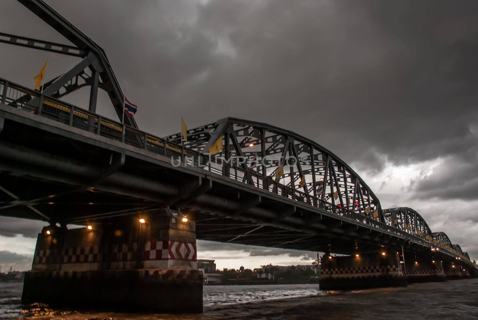 Bangkok, thailand 21 Jul, 2019 : A great scenery evening view of the Phra Phuttha Yodfa Bridge (Memorial Bridge). Vintage Style.