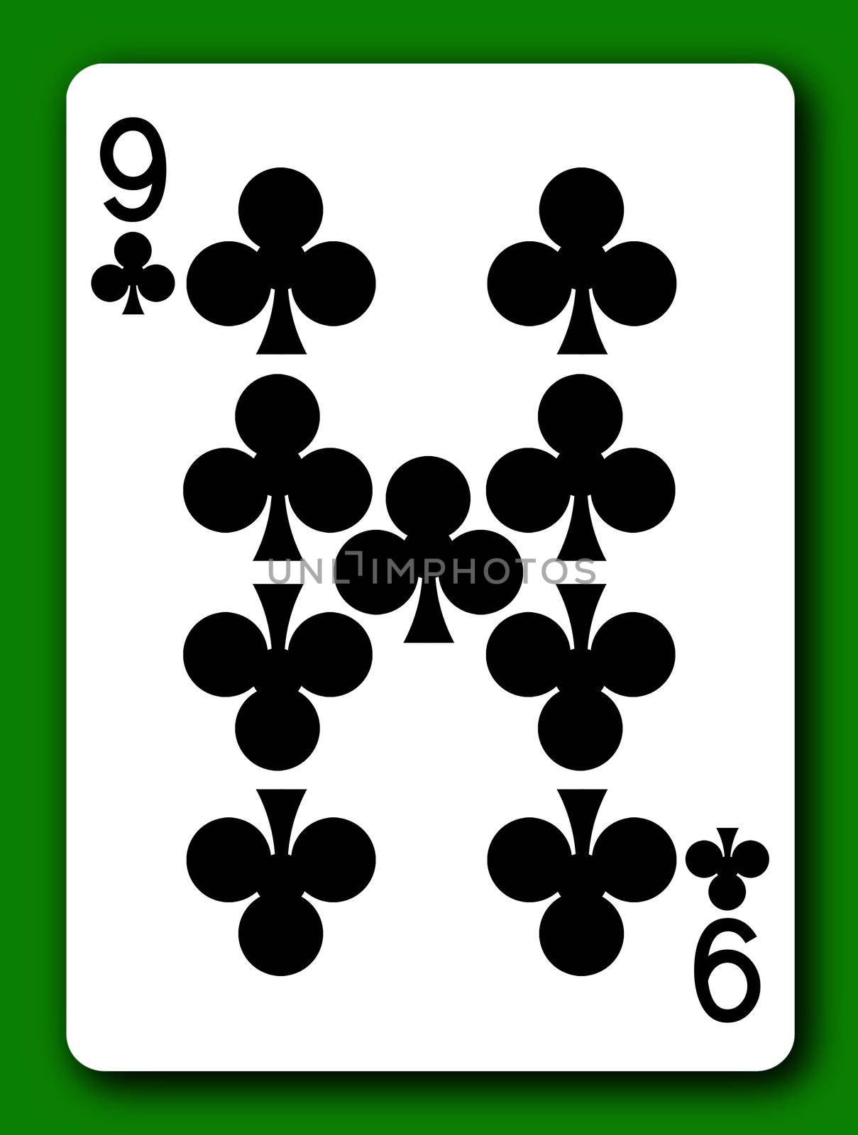 A 9 Nine of Clubs playing card with clipping path to remove background and shadow 3d illustration
