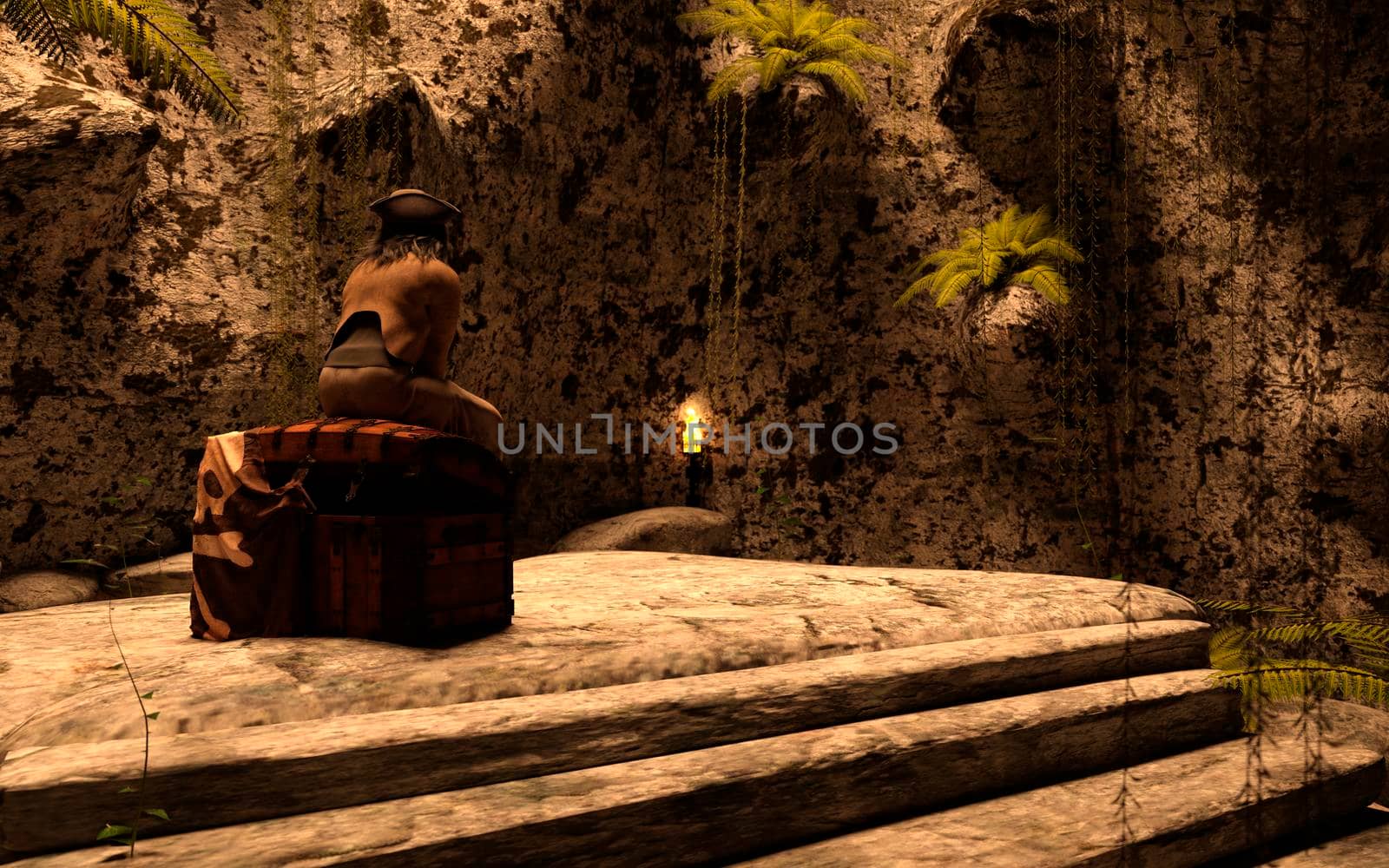 The pirate man sitting on a treasure chest in a cave. 3d rendering.