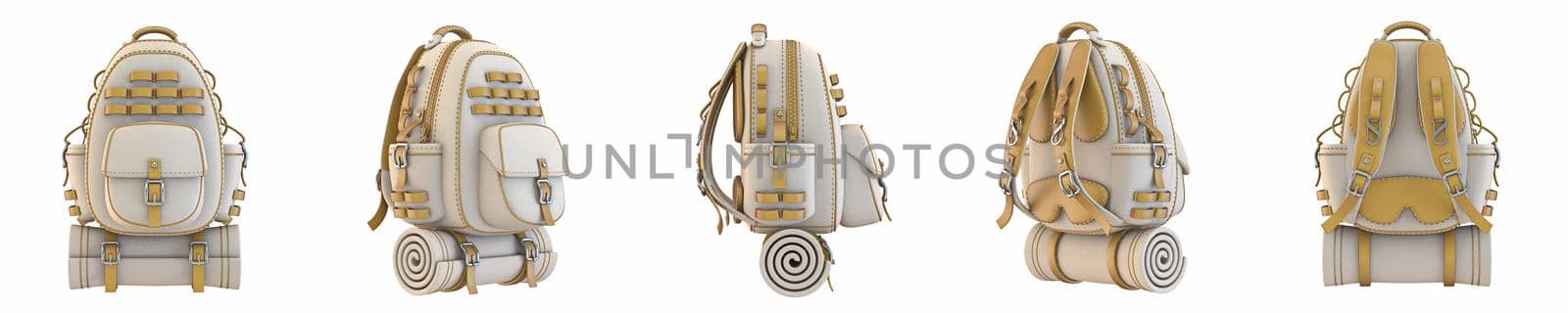 Canvas and leather backpack Rotating view 3D render illustration isolated on white background