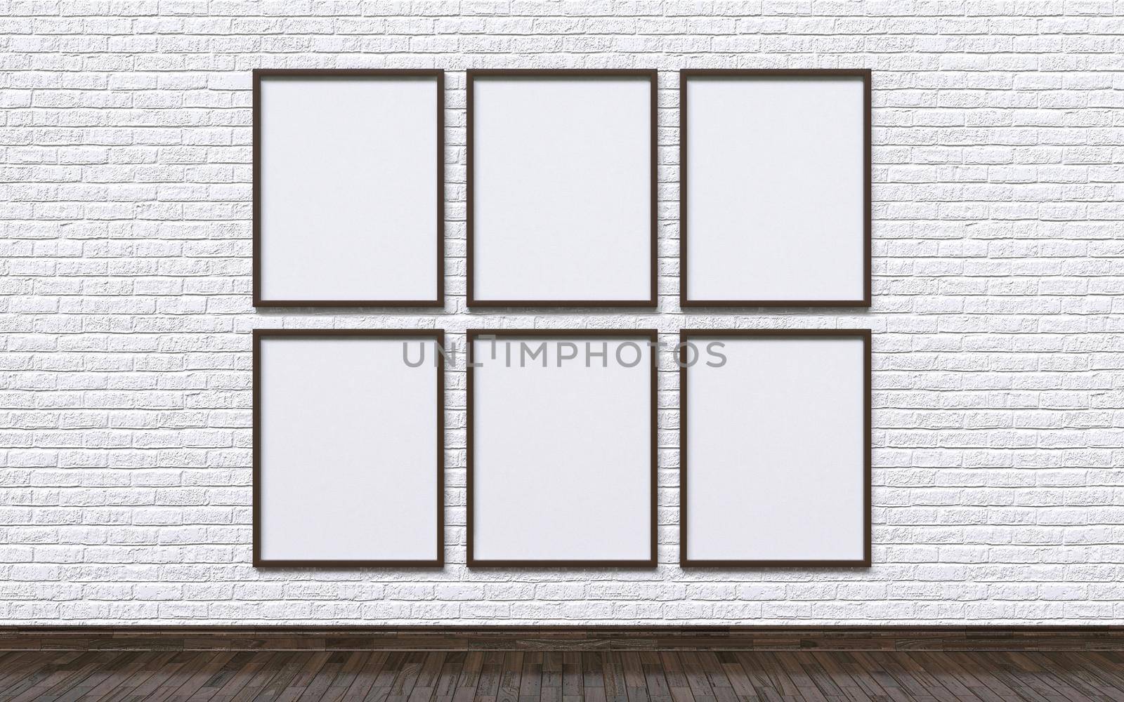 Mock up six empty photo frames with white brick wall and wooden floor 3D render illustration