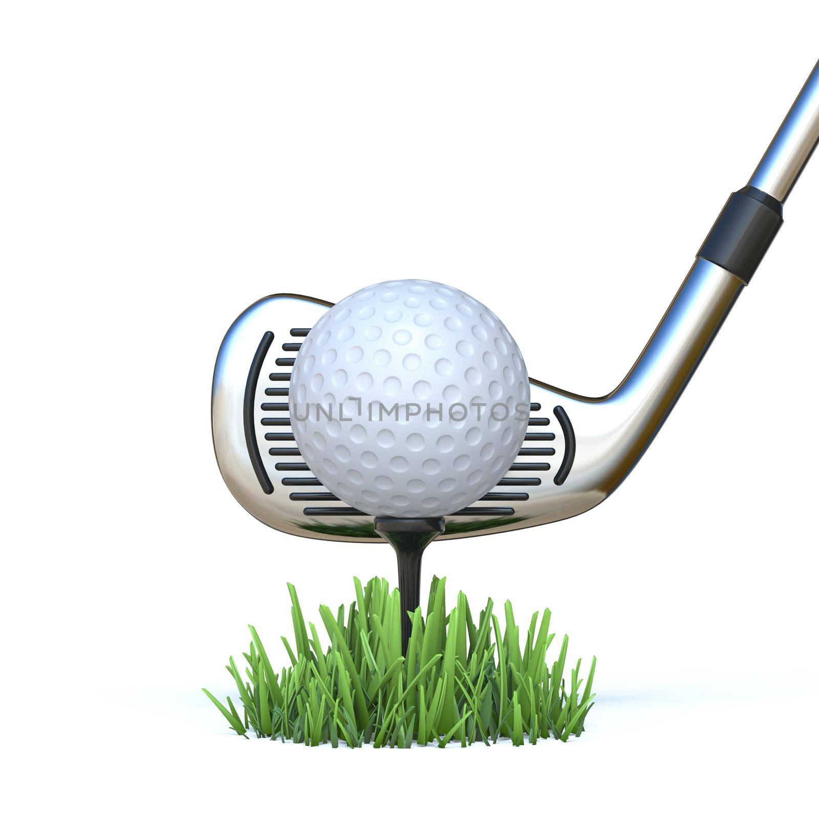 Golf ball with golf club 3D render illustration isolated on white background