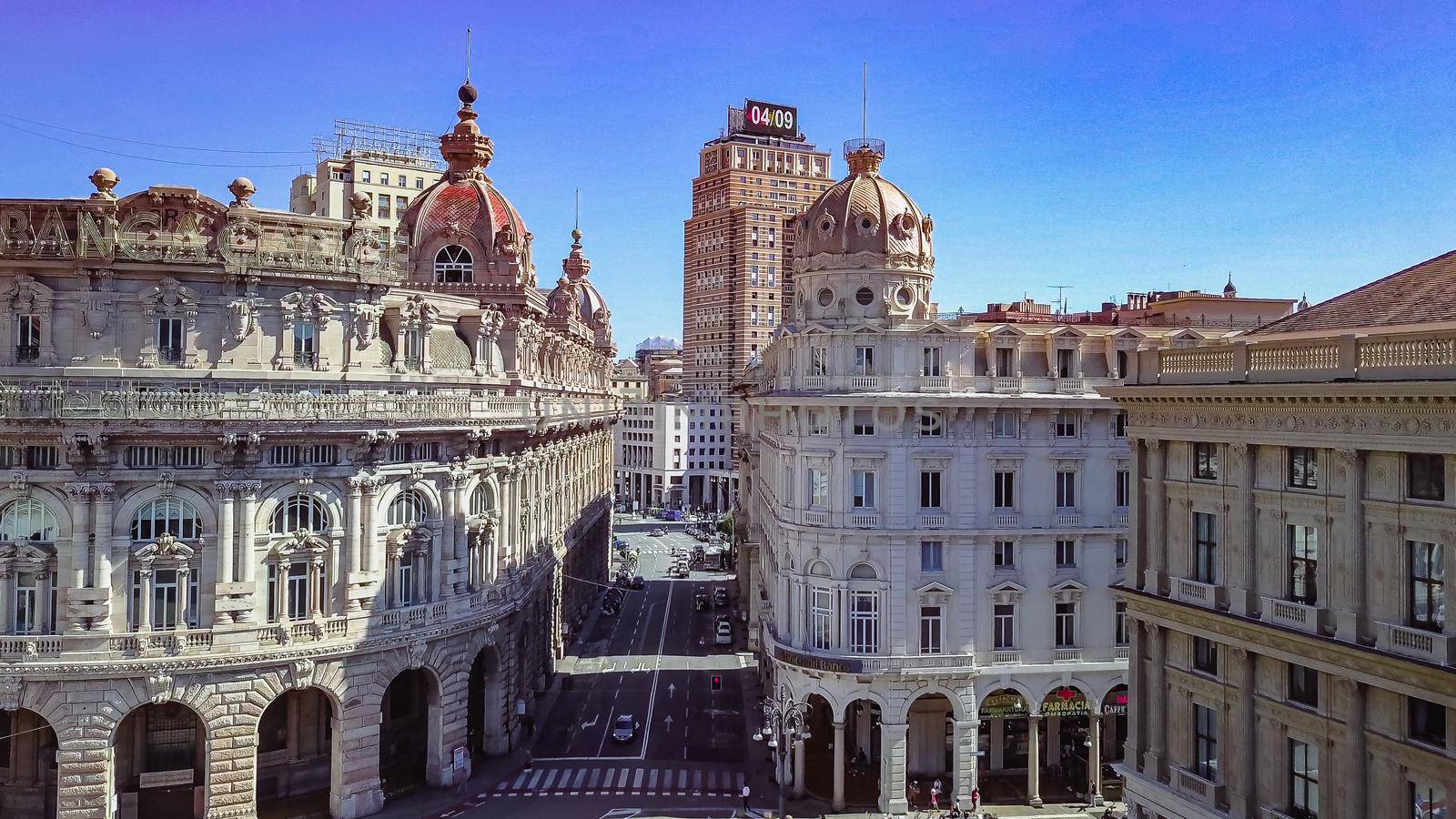 Aerial panoramic drone view of De Ferrari square in Genoa,Italy. Situated in the heart of the city between the historical and the modern center. In the background the Palazzo della Borsa.