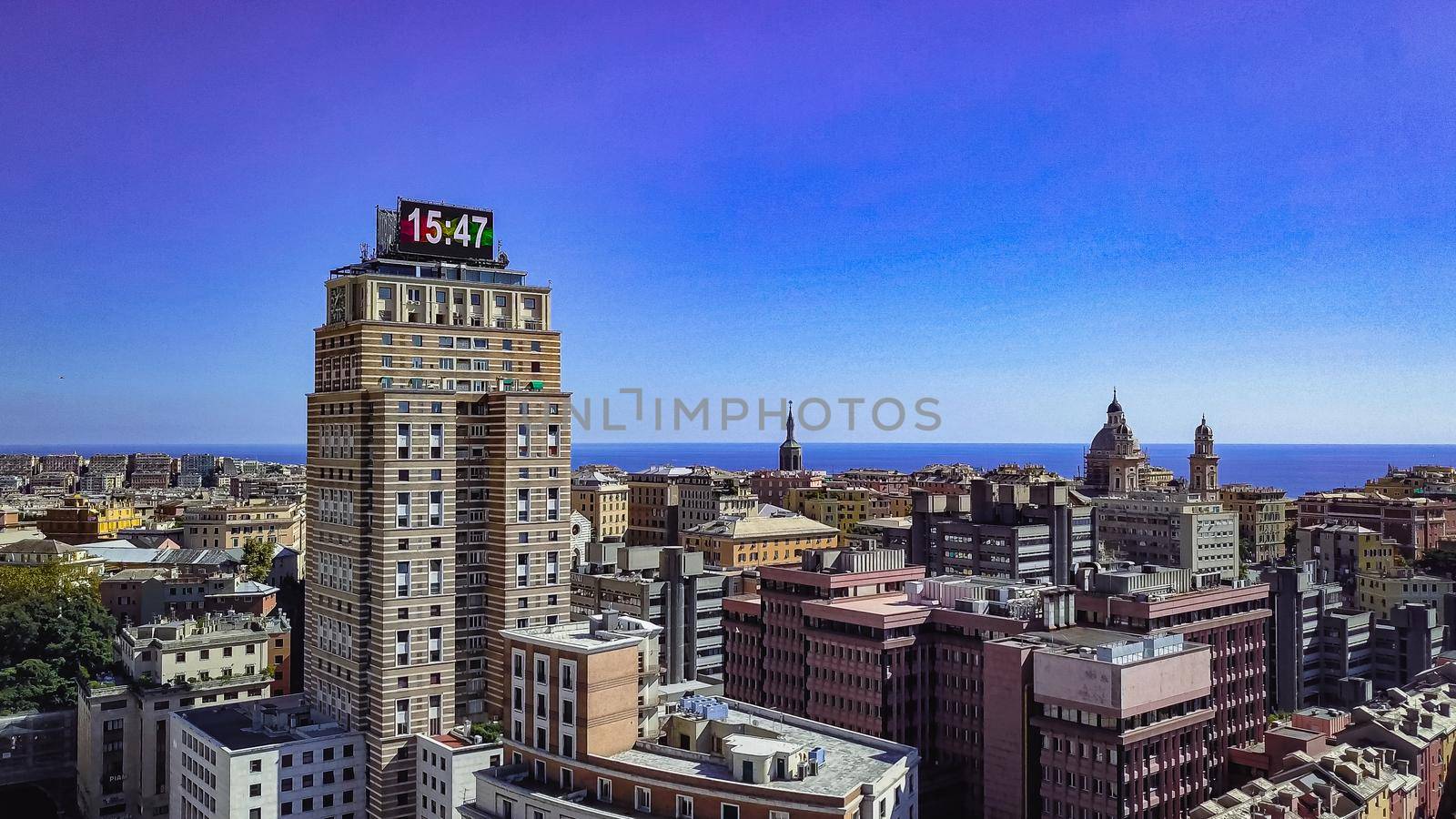 Genoa, Italy. Central part of the city, panoramic drone aerial view.Buildings and Streets surrounding modern centre quarter, Liguria.
