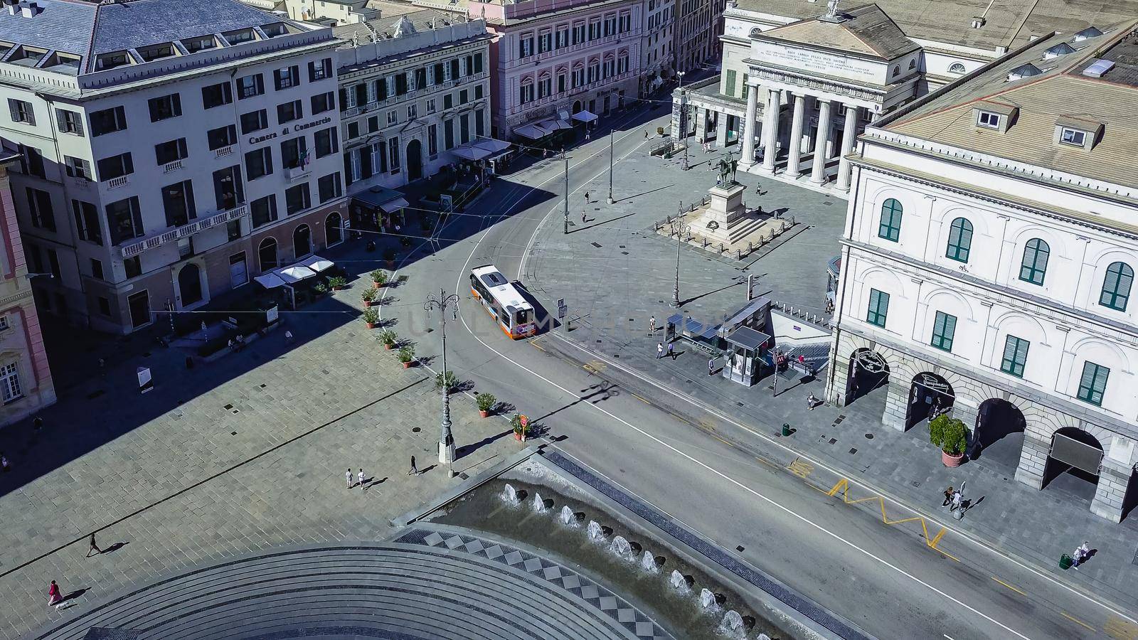 Aerial panoramic drone view of Fountain in the main square of the city Piazza De Ferrari in Genoa,Italy. Situated in center of Genoa city, popular tourist destination in Liguria region.