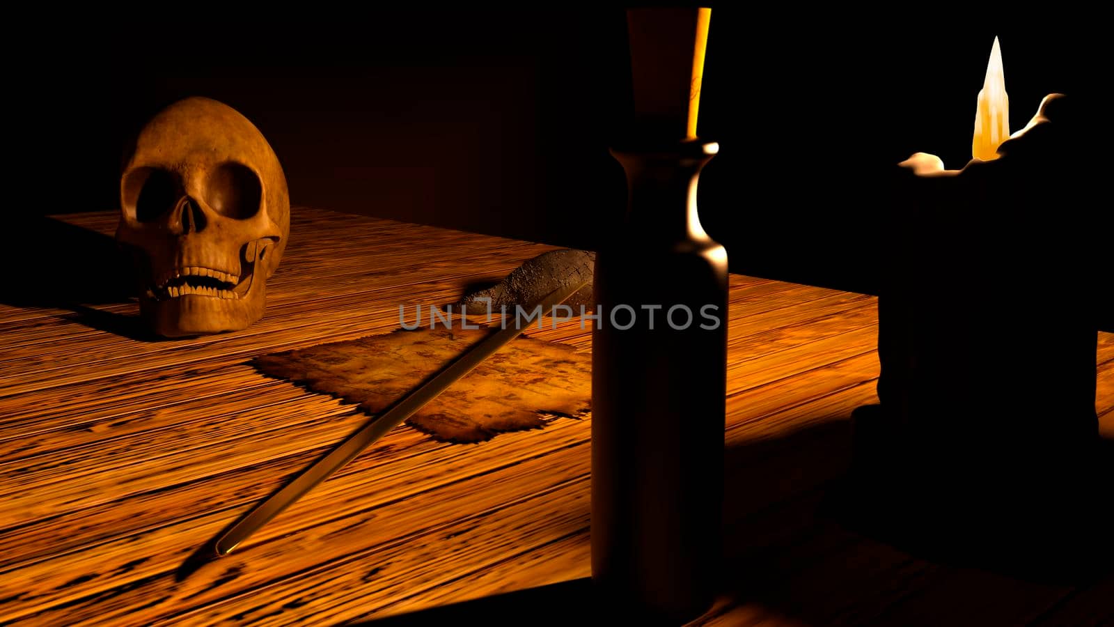 Skull with a burning candle, pirate map, bottle, and sword - 3d rendering
