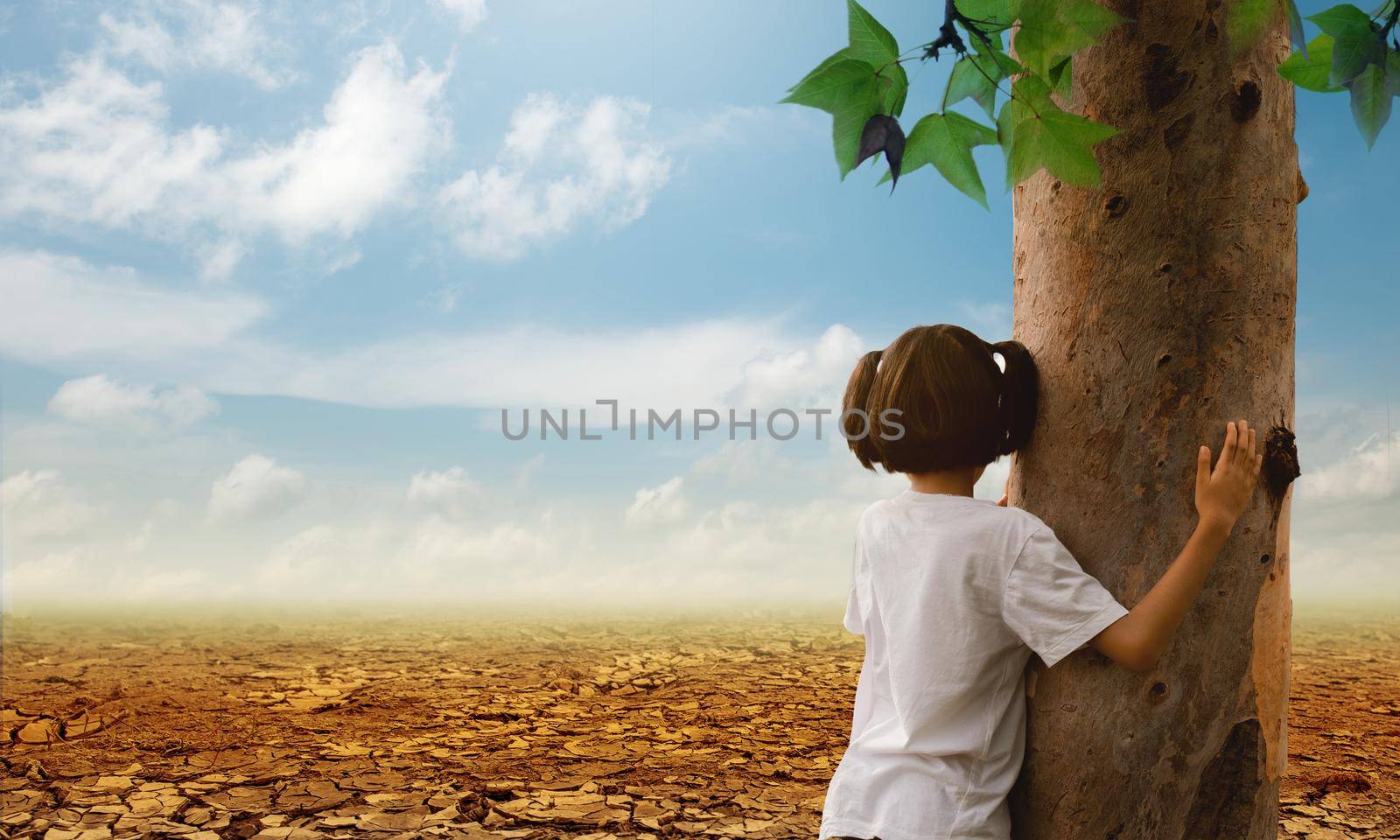 Girl hugging a tree on the cracked earth background. Global warming. by thanumporn