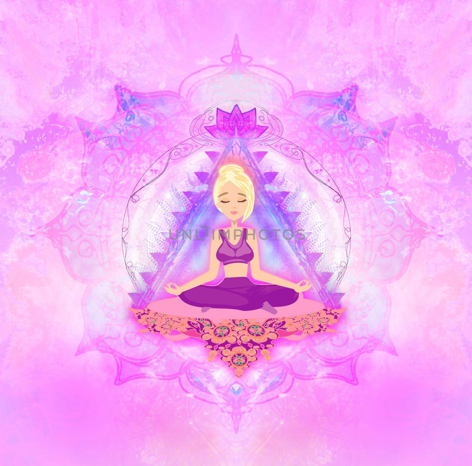 Girl in lotus yoga pose - artistic card