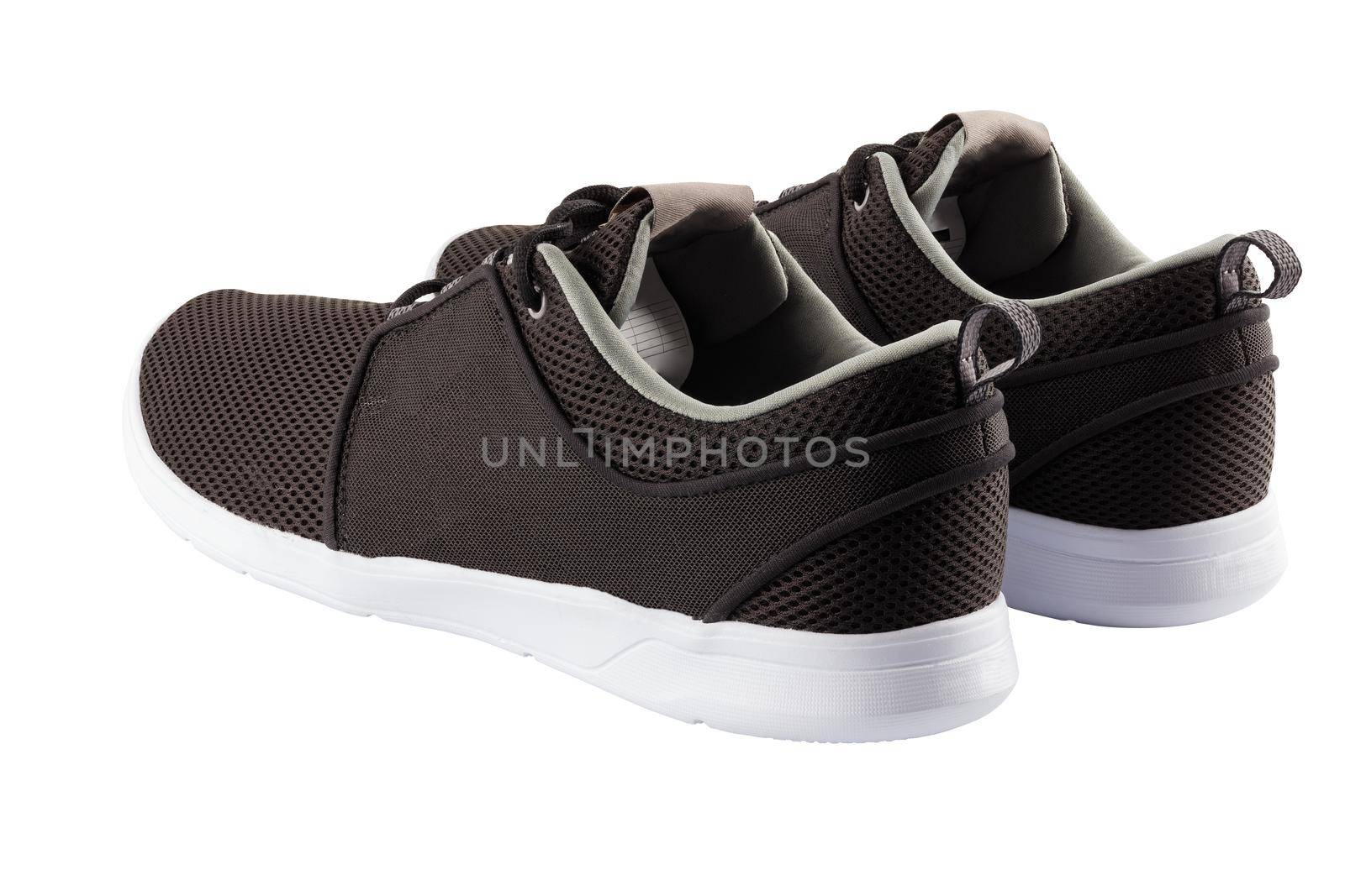 pair of black airmesh summer walking lightweight shoes isolated on white background.