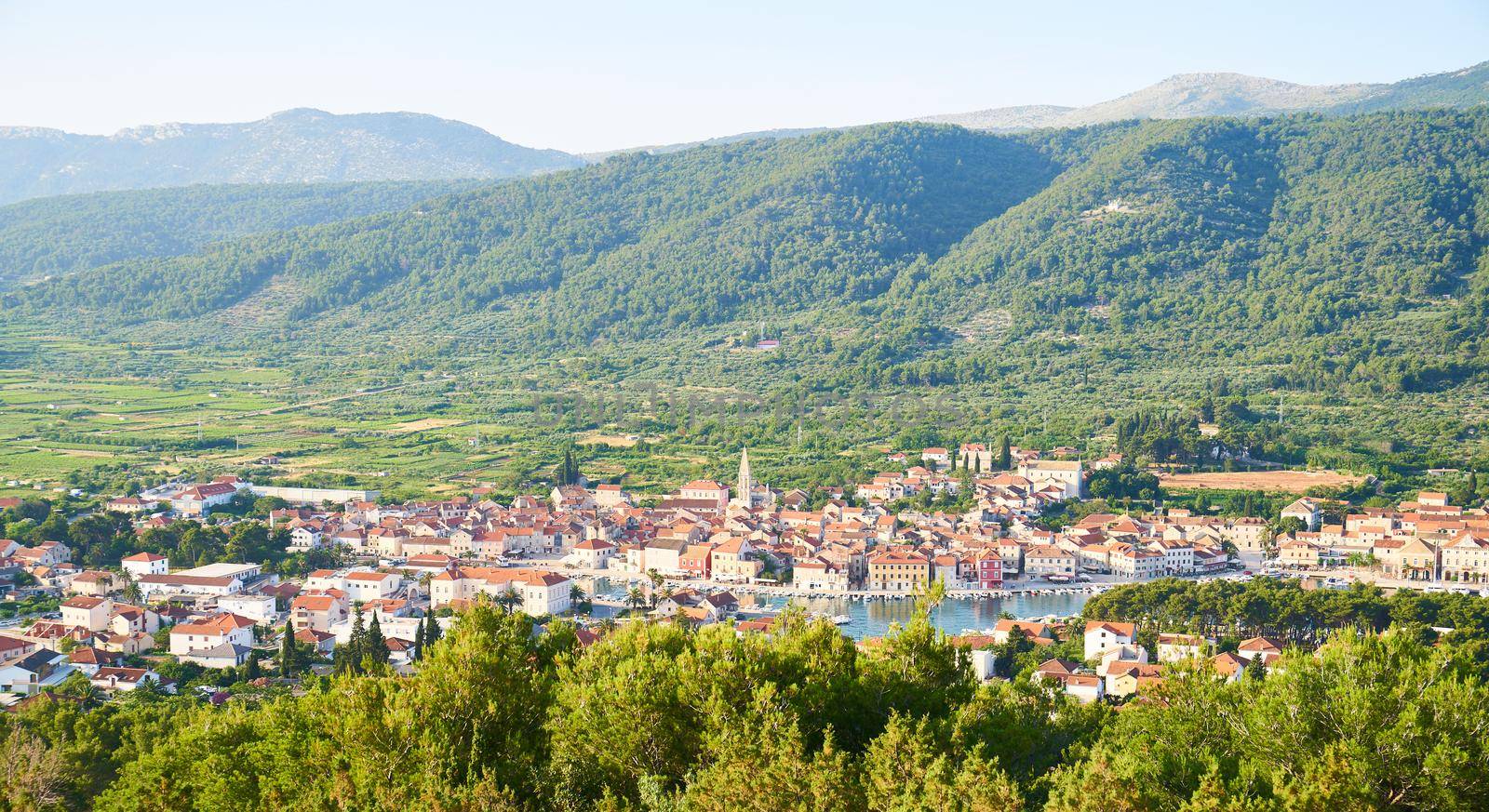 Panorama view of Stari Grad town from White cross hill, Hvar, Croatia