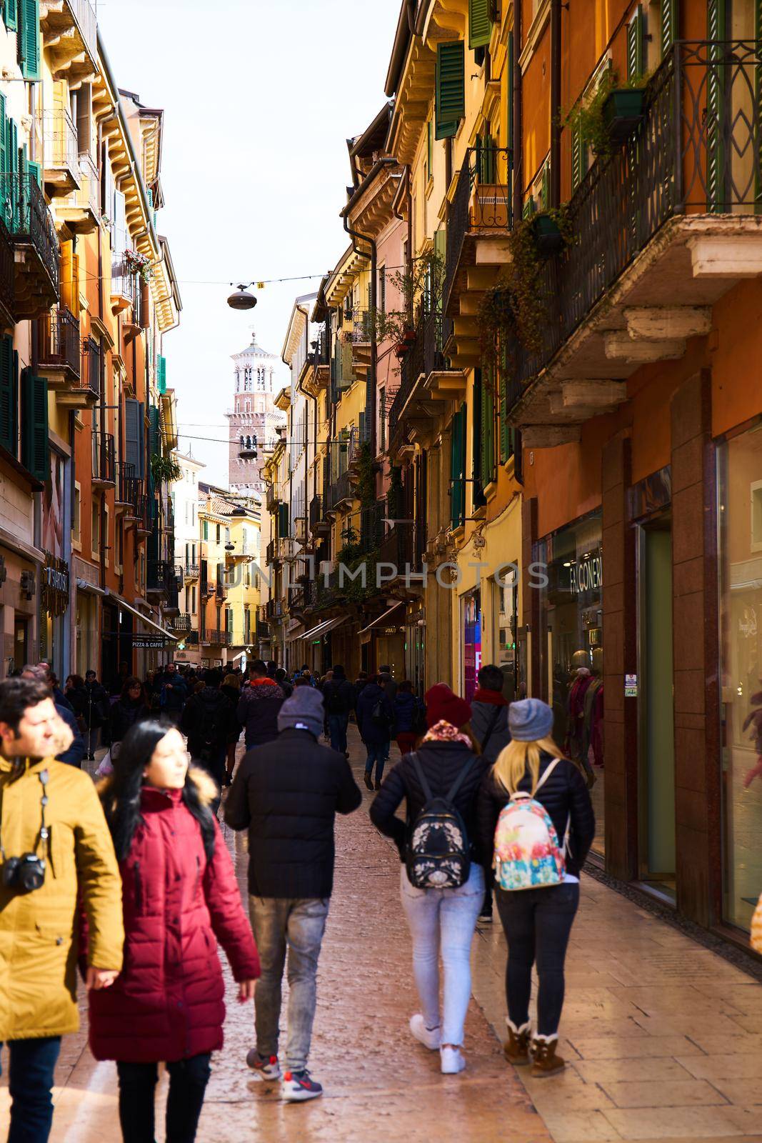 Verona/Italy - February 22 2019: Colourful street of Verona